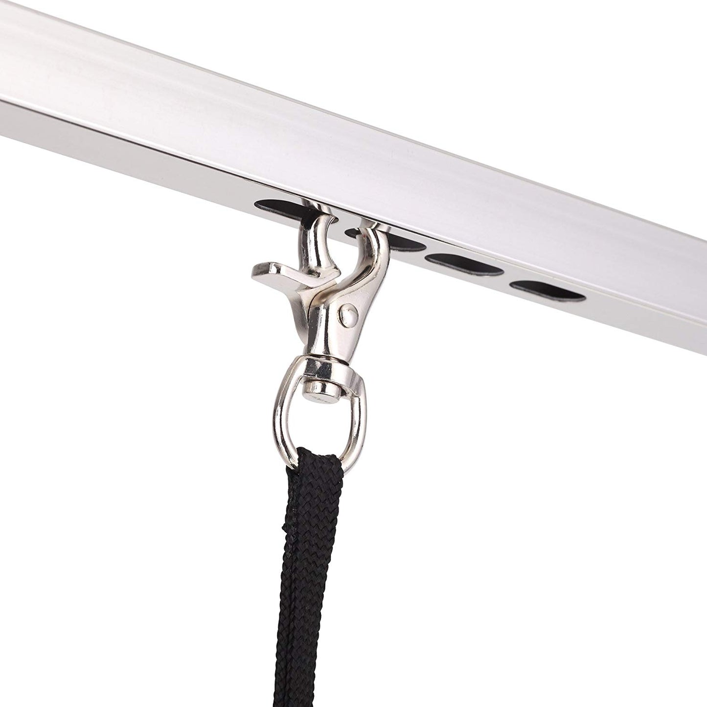 Silver metal grooming arm with a secure clasp and black leash clip attached