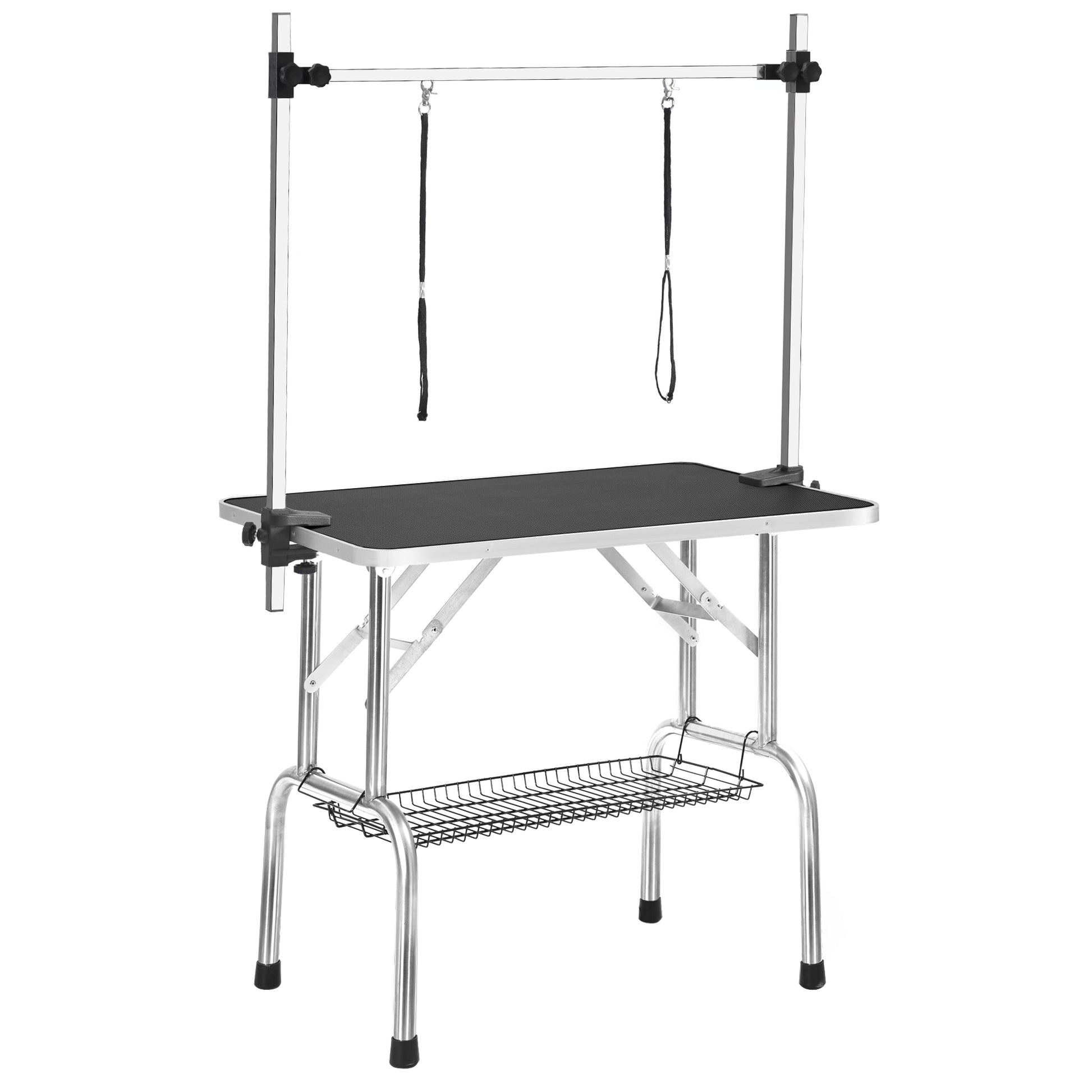 Adjustable grooming table with arm supports and hanging basket for pet care