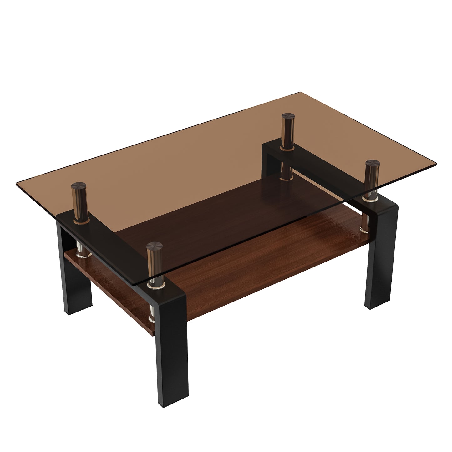 Modern coffee table with smoked glass top and walnut veneer shelf black metal frame