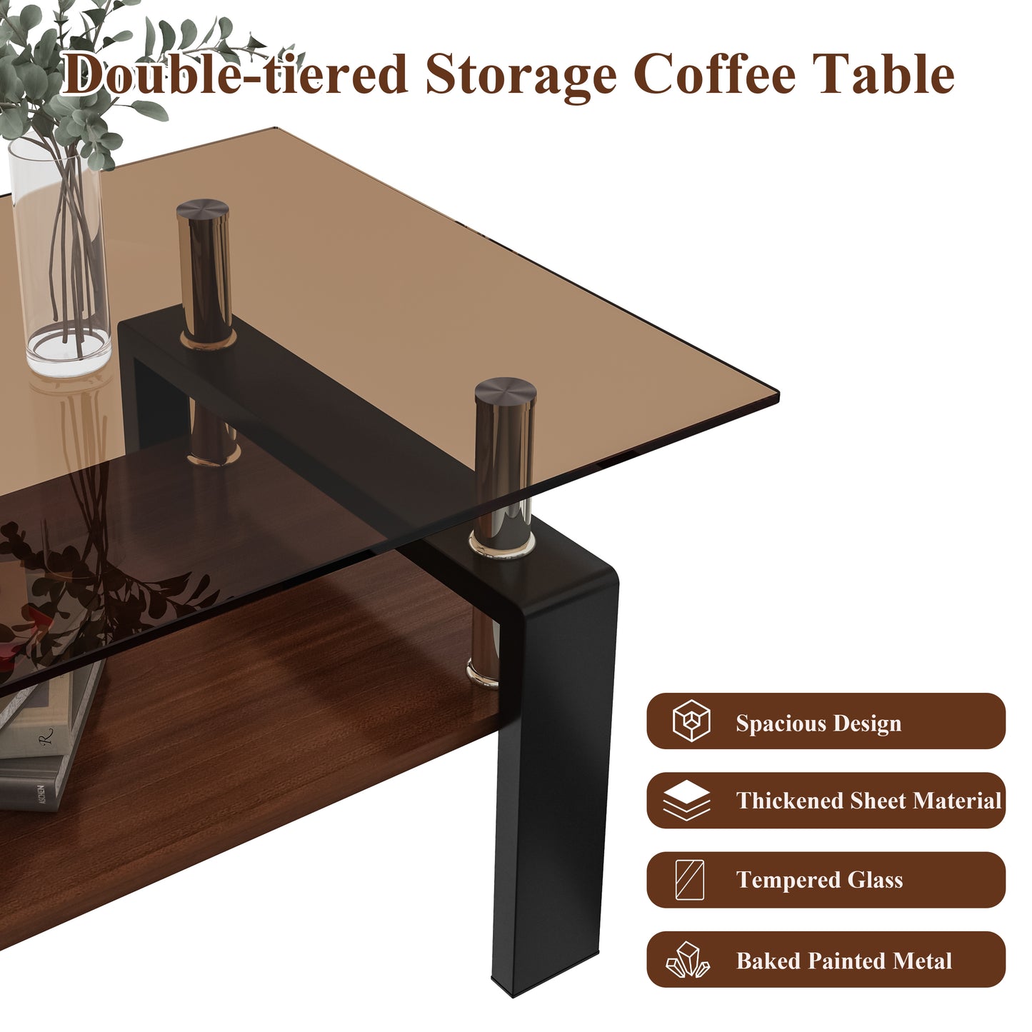 Modern brown tempered glass coffee table with two tiers and black metal frame