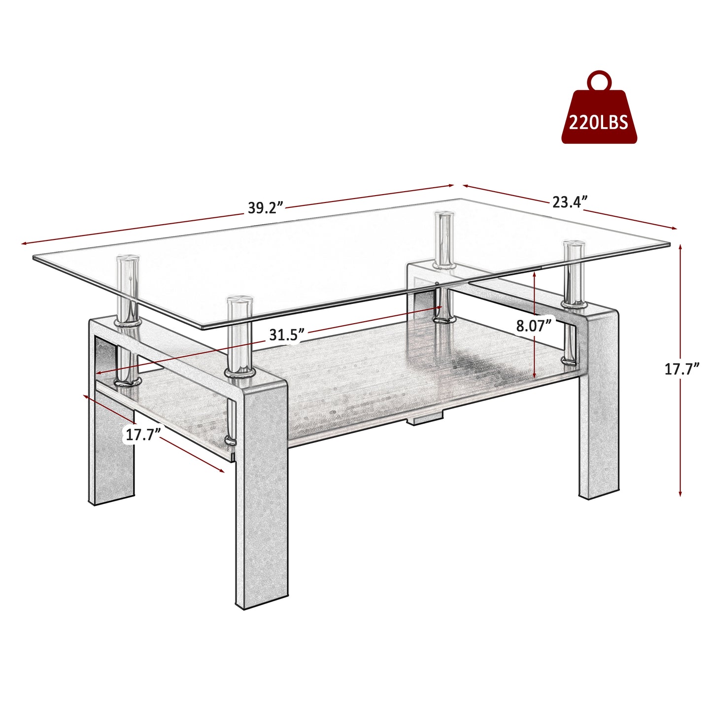 Modern glass top coffee table with chrome legs and wood shelf  L x  W