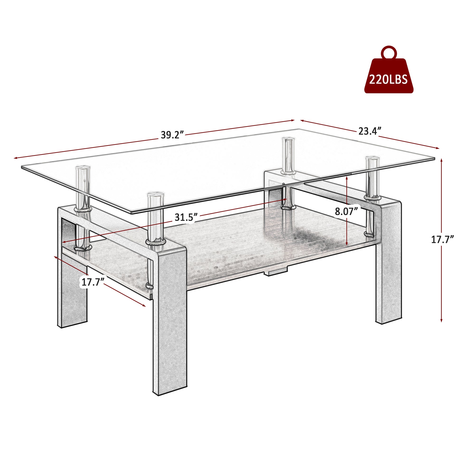 Modern glass top coffee table with chrome legs and wood shelf  L x  W