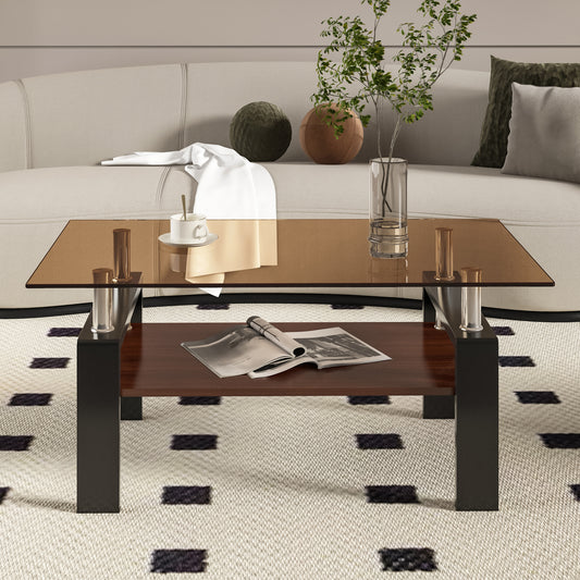Modern coffee table with a smoked glass top and dark wood shelf