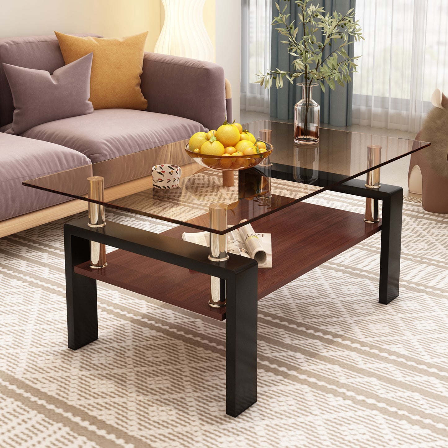 Modern glass top coffee table with a duallevel cherry wood shelf and chrome legs