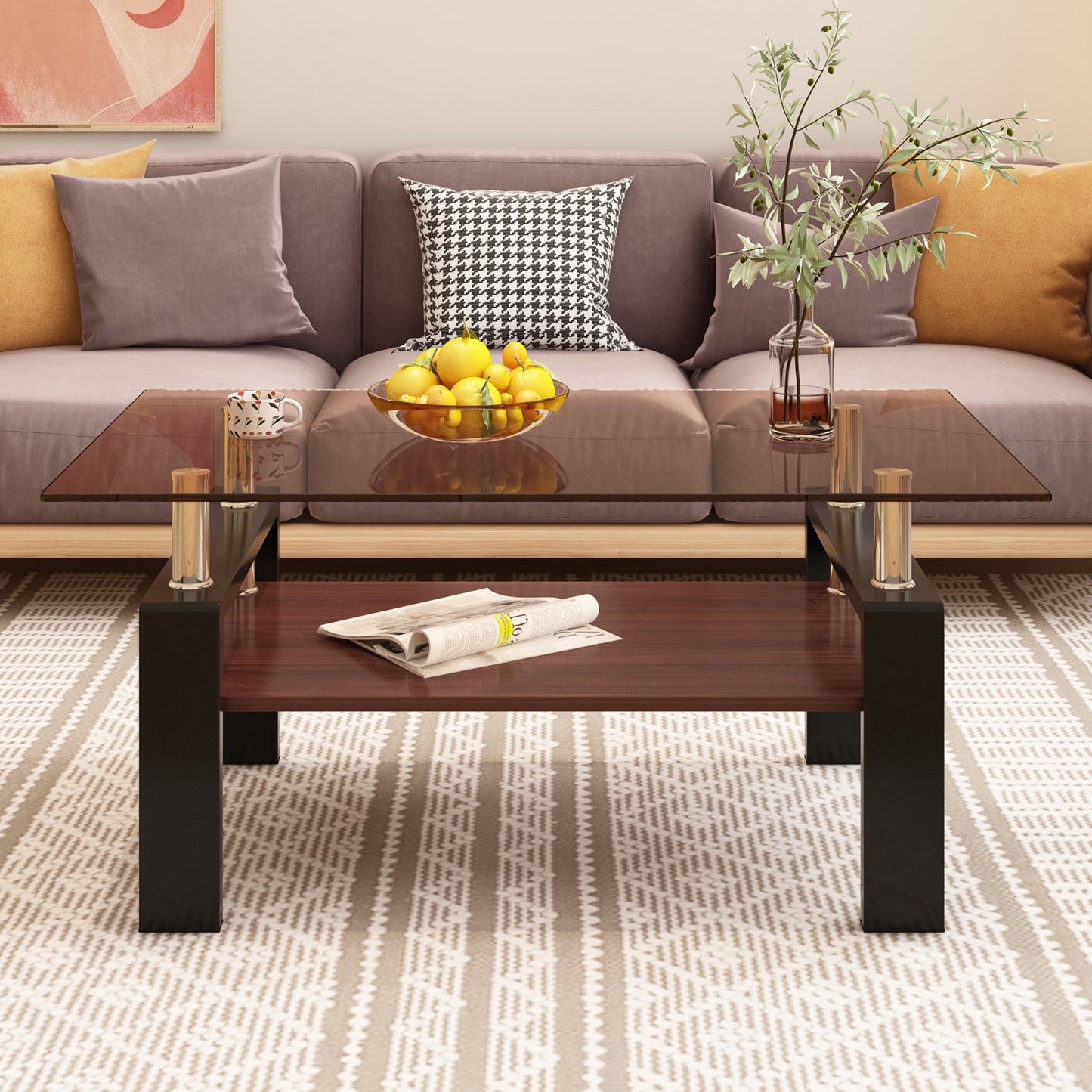 Modern glass coffee table with two tiers featuring a sleek smoked glass top and dark wood lower shelf