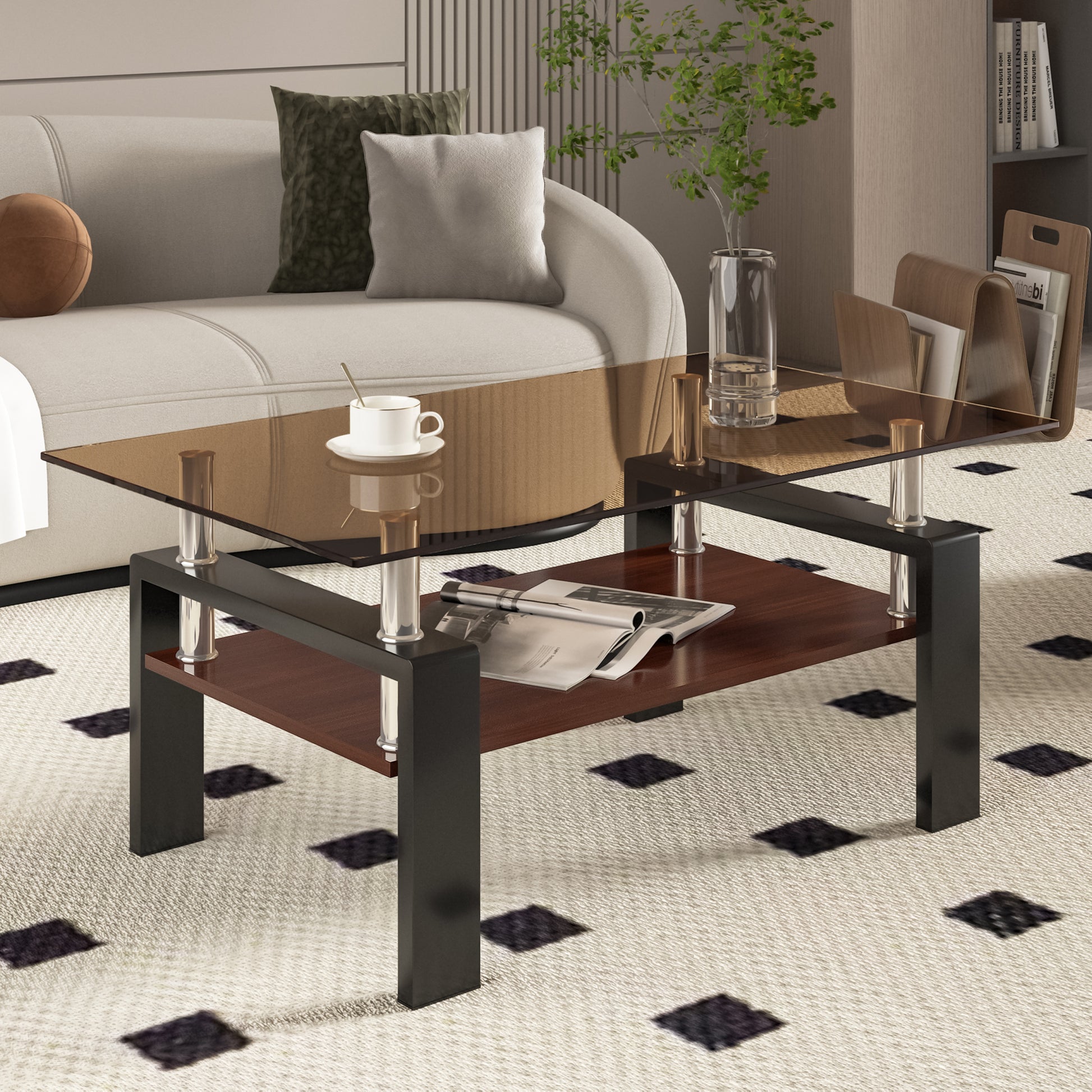 Modern coffee table with smoked glass top and dark wood shelf