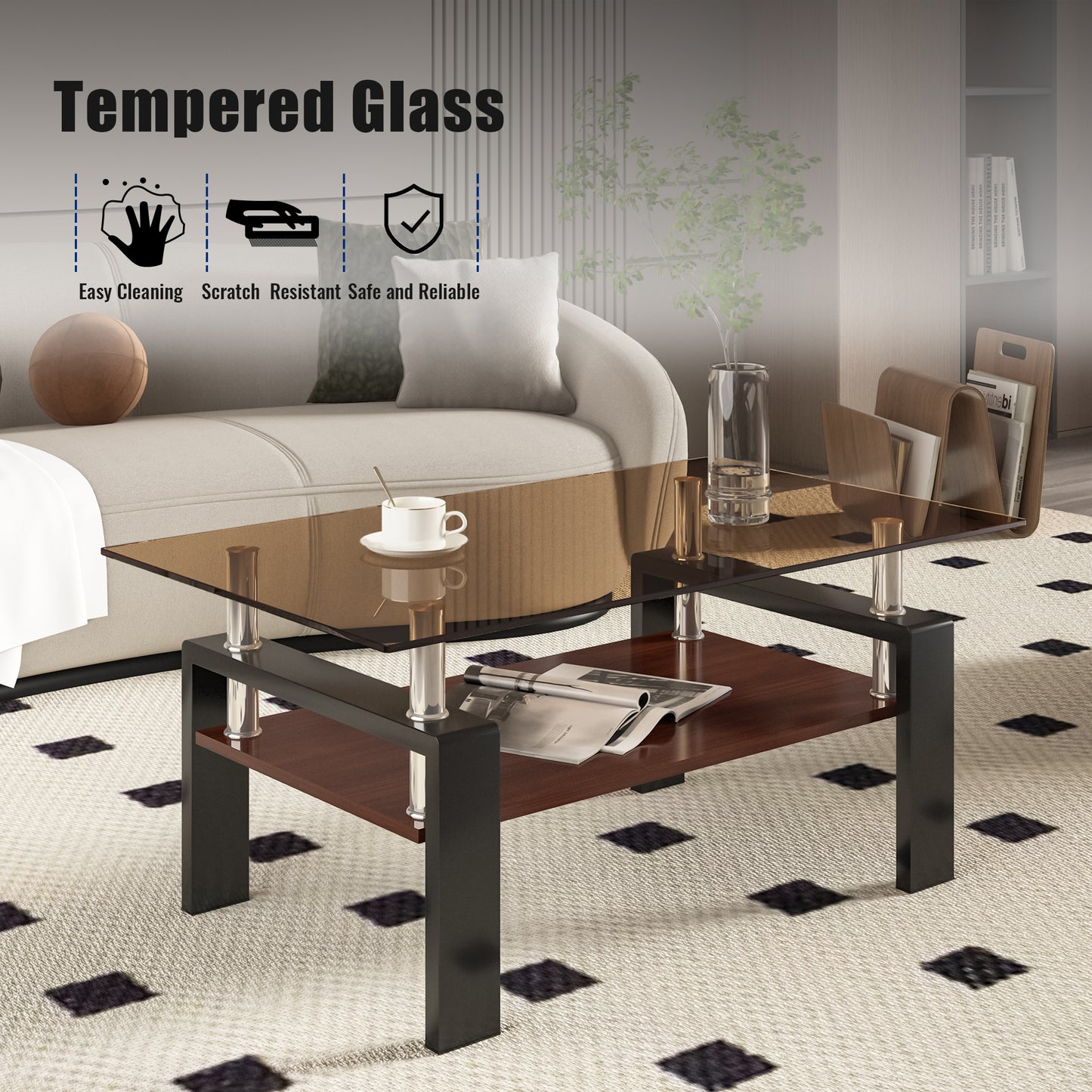 Tempered glass coffee table with brown wood shelf and chrome legs