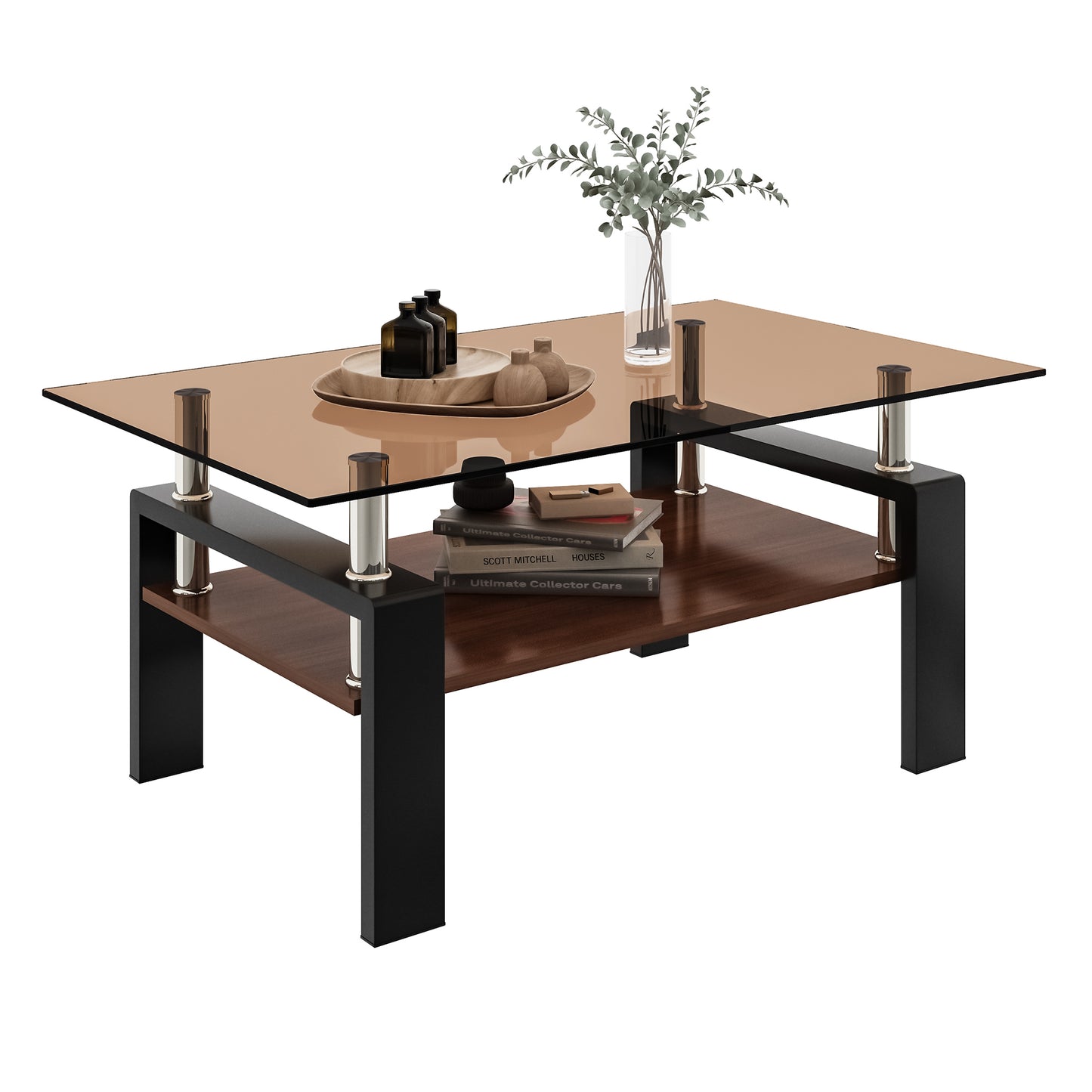 Rectangular modern coffee table with a bronze glass top and dark wood shelf