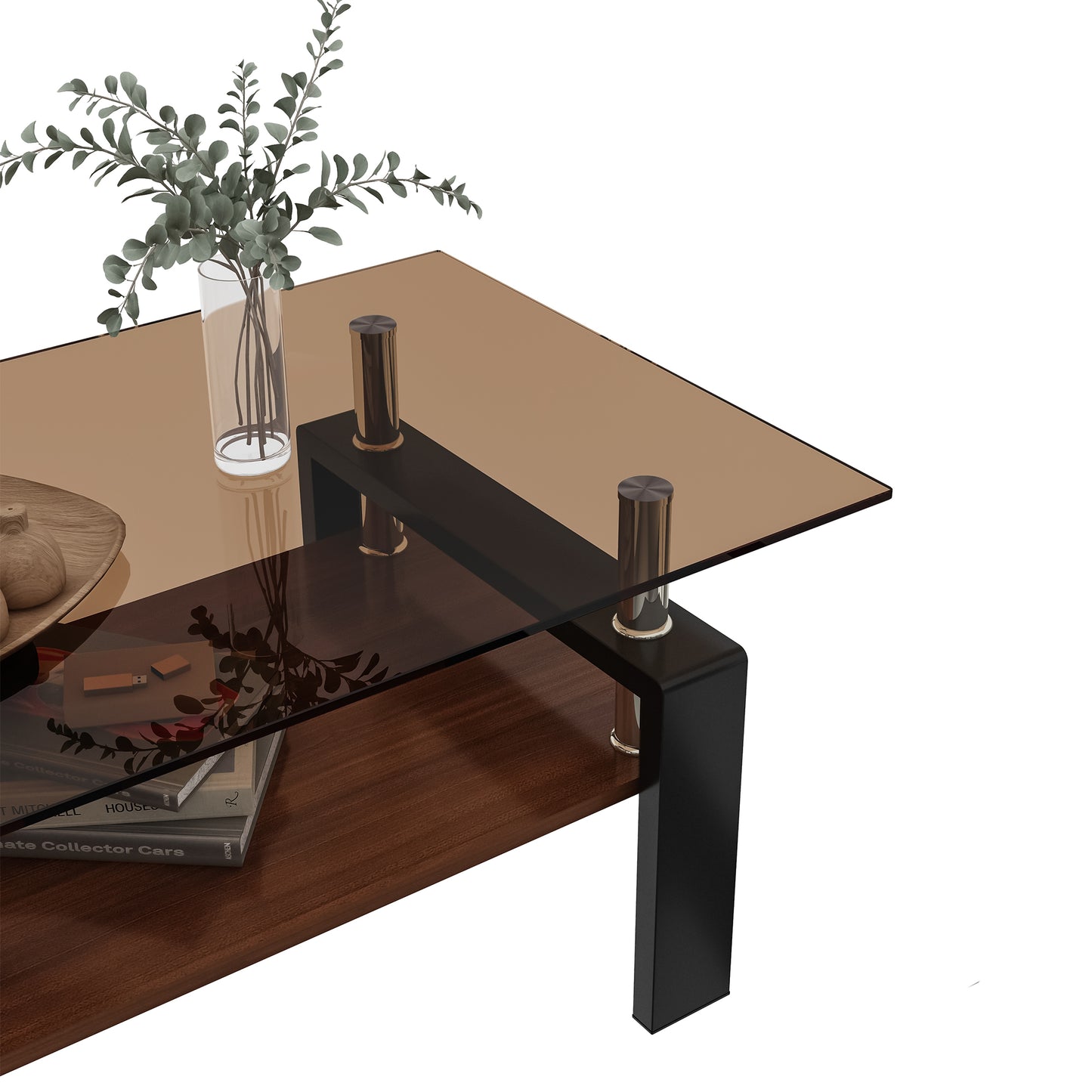 Bronze tempered glass coffee table with dark wood shelf and chrome accents