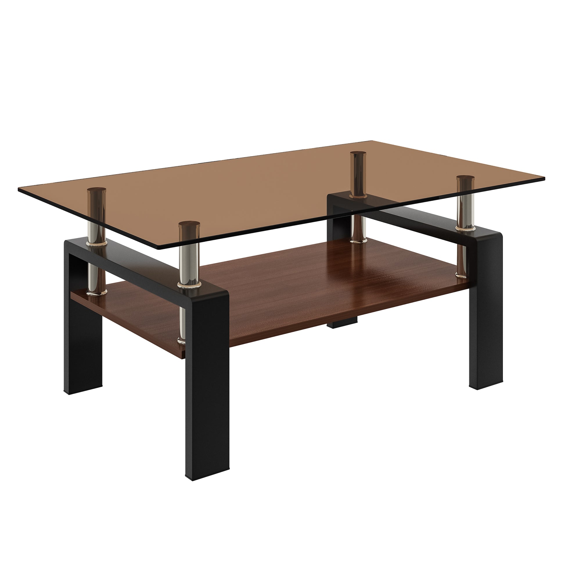 Modern rectangular coffee table with smoked glass top and wood shelf