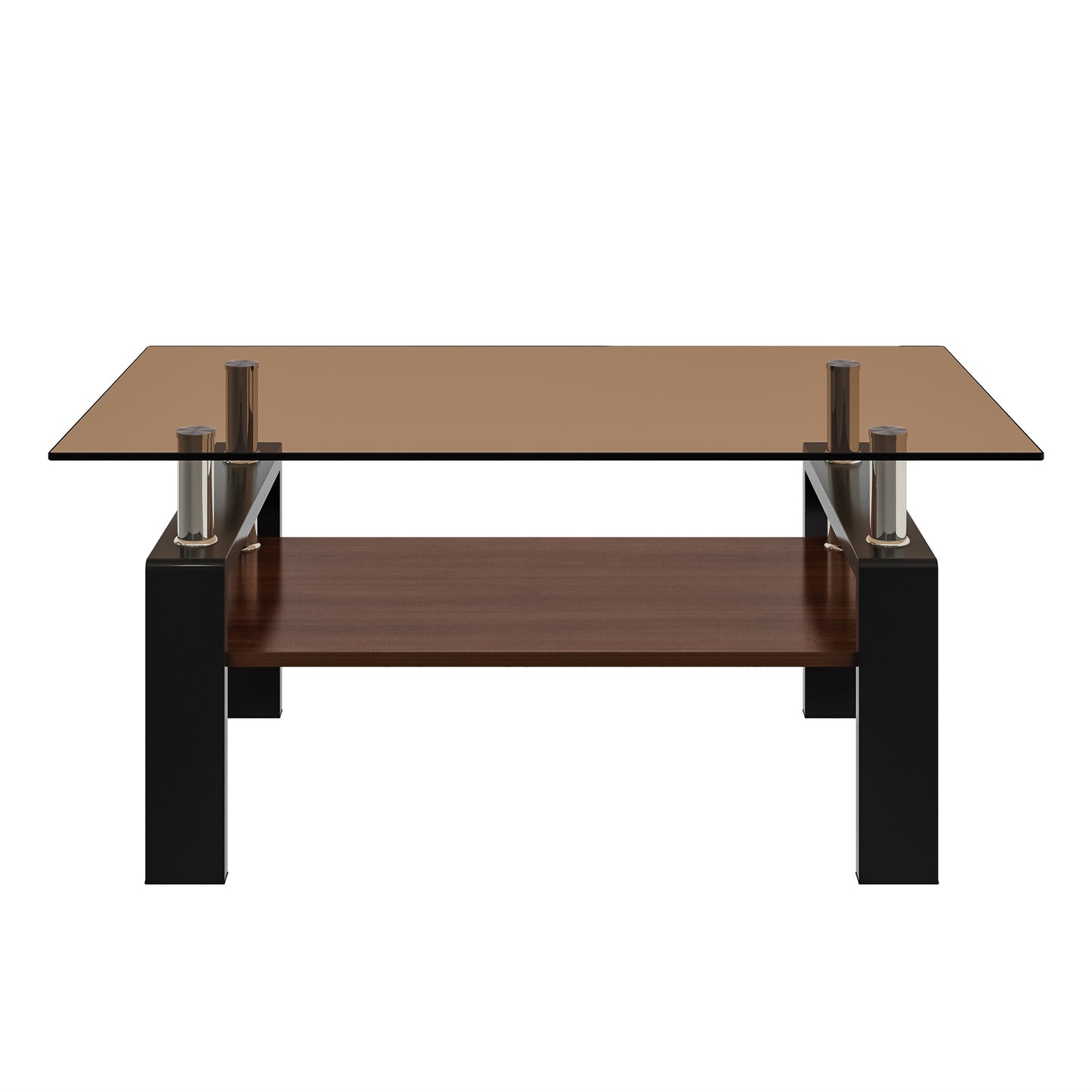 Modern rectangular coffee table with smoked glass top dark wood shelf and black legs