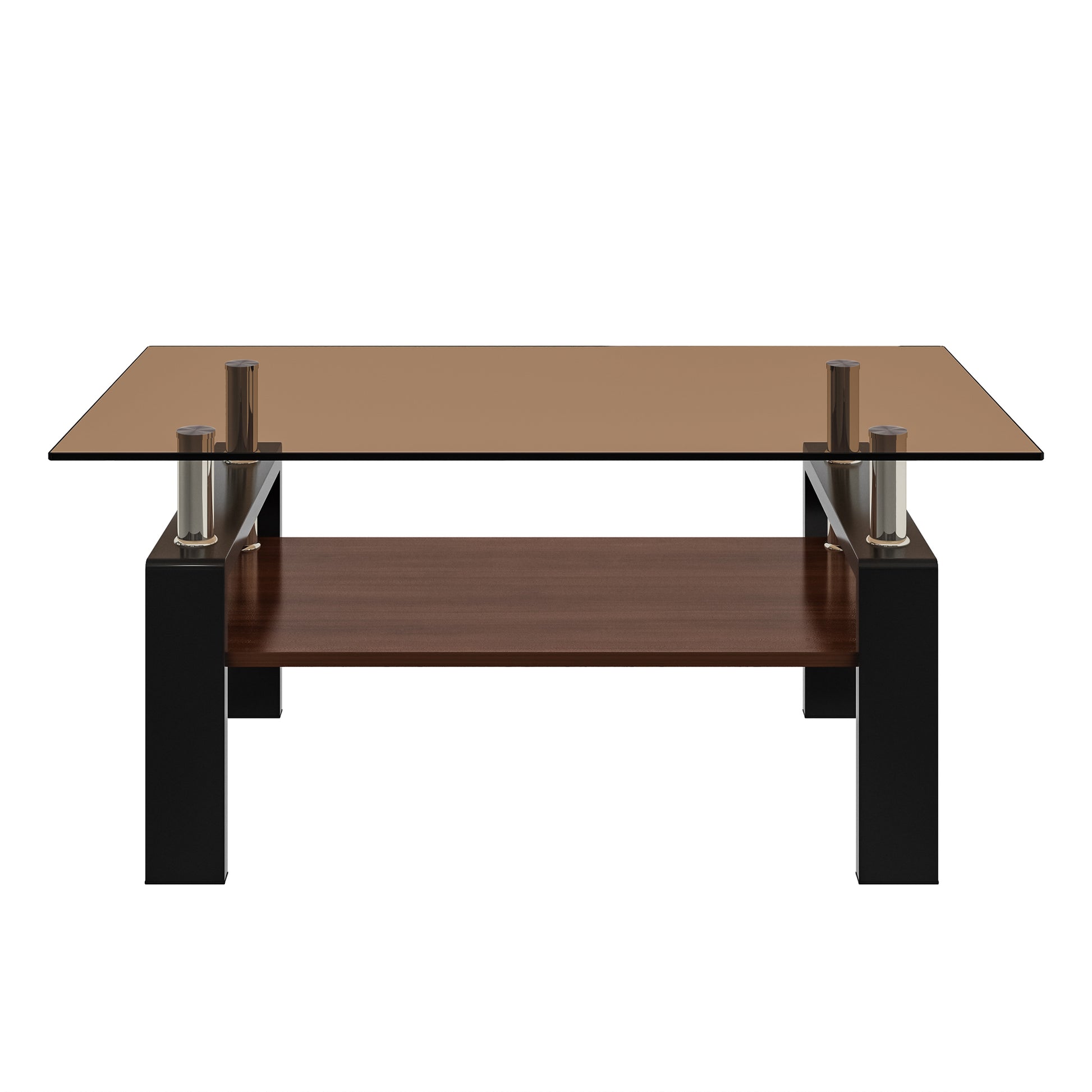 Modern rectangular coffee table with smoked glass top dark wood shelf and black legs
