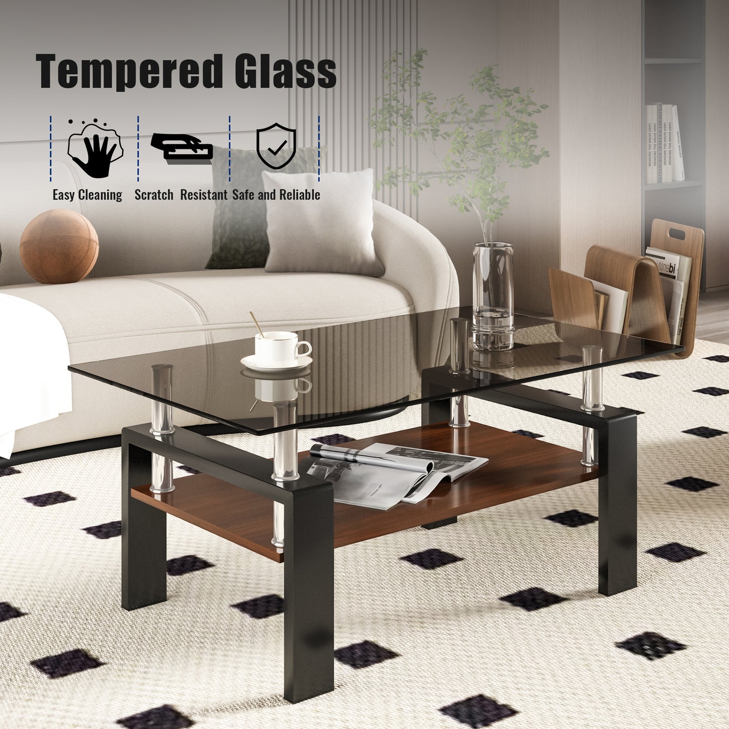 Black tempered glass coffee table with walnut shelf chrome legs