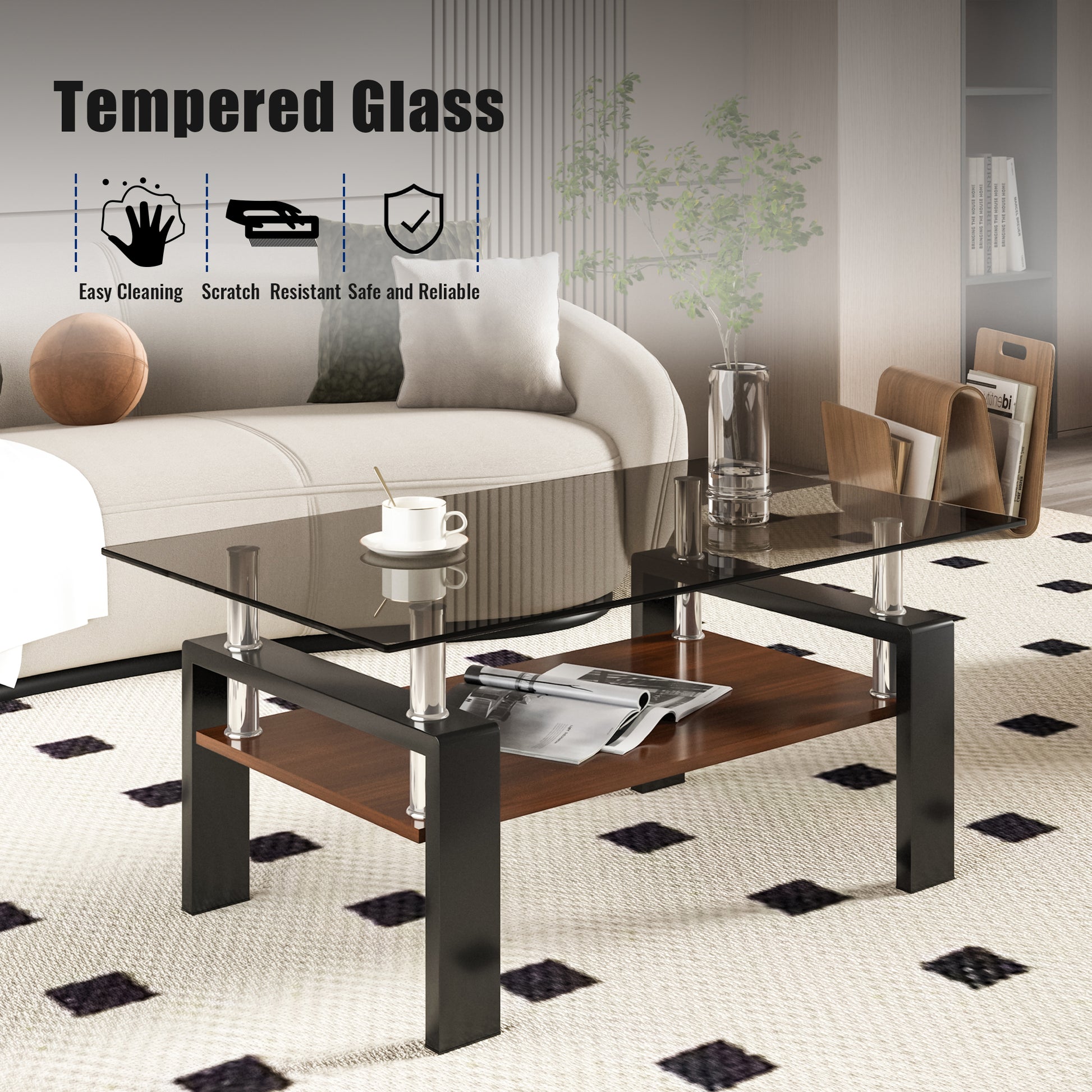 Black tempered glass coffee table with walnut shelf chrome legs