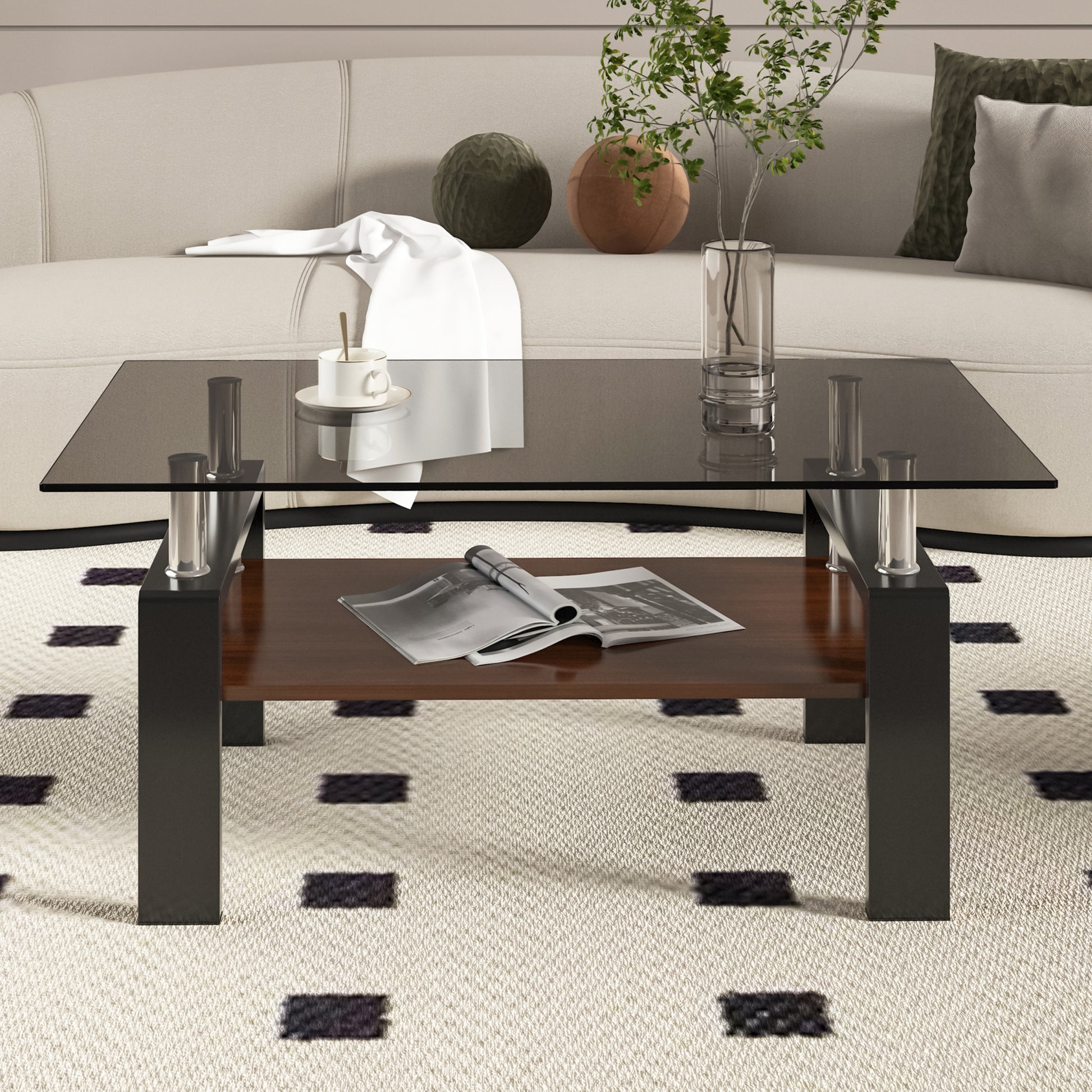 Modern coffee table with smoked glass top and dark wood shelf