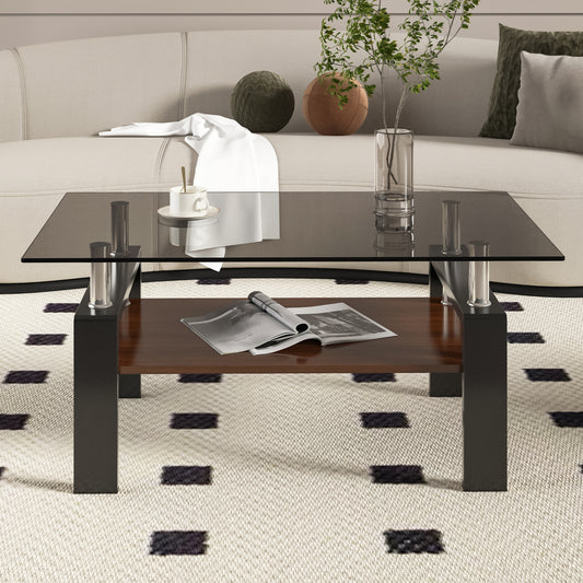 Modern coffee table with smoked glass top and dark wood shelf