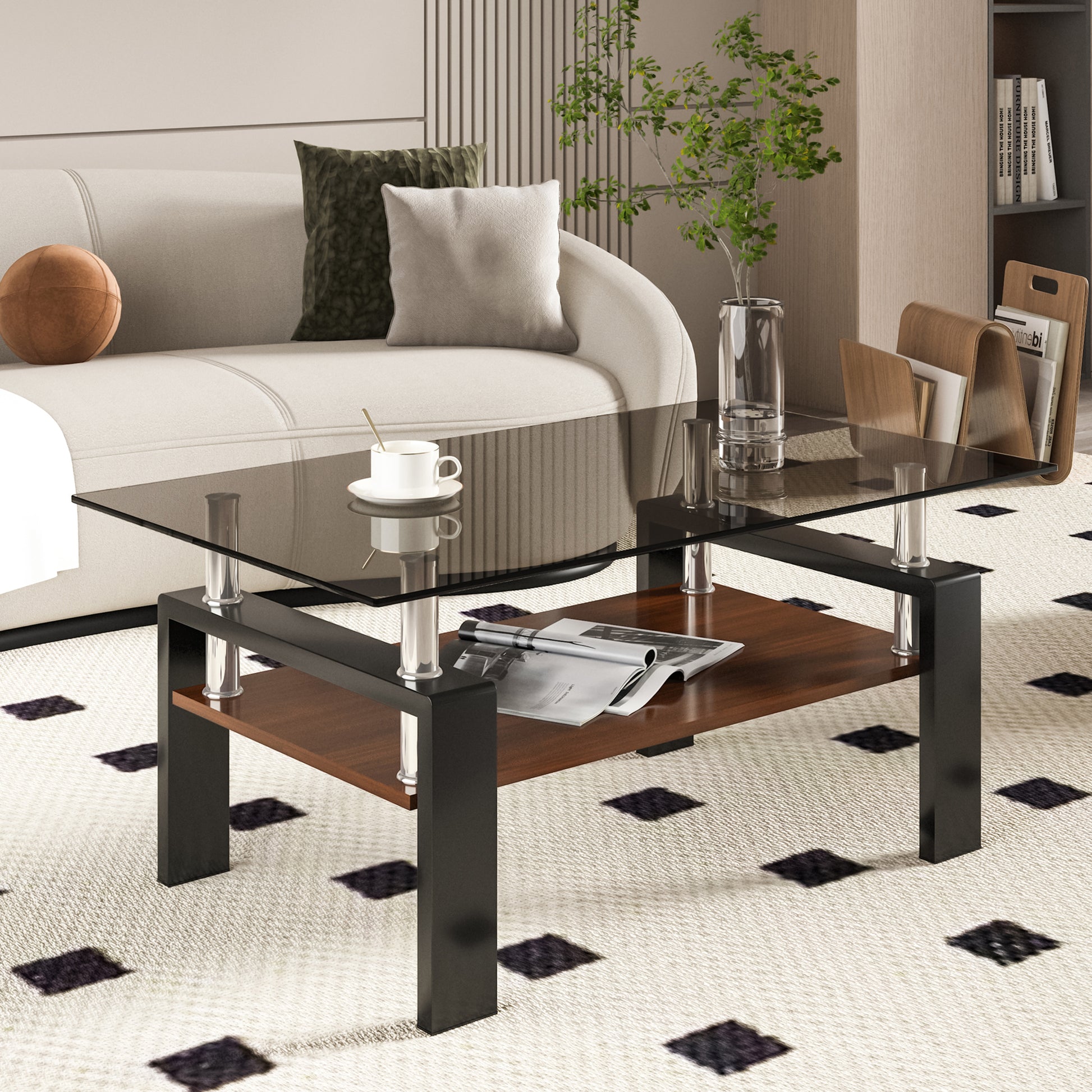 Modern twotier glass coffee table with dark wood shelf and chrome legs