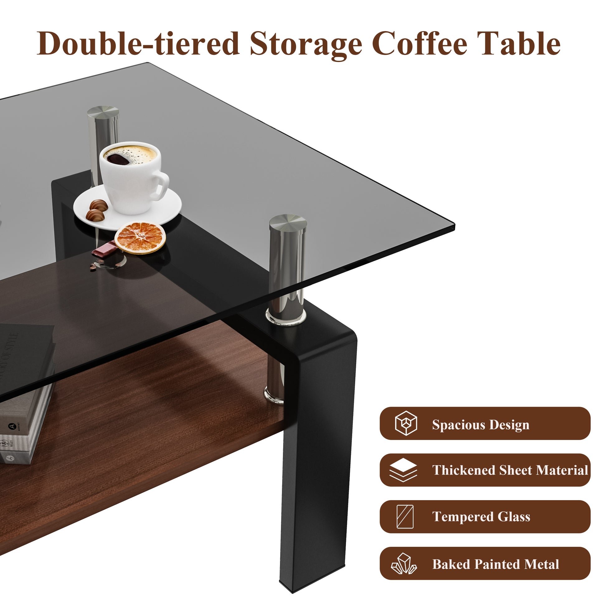 Modern black steel and walnut doubletiered storage coffee table with tempered glass top