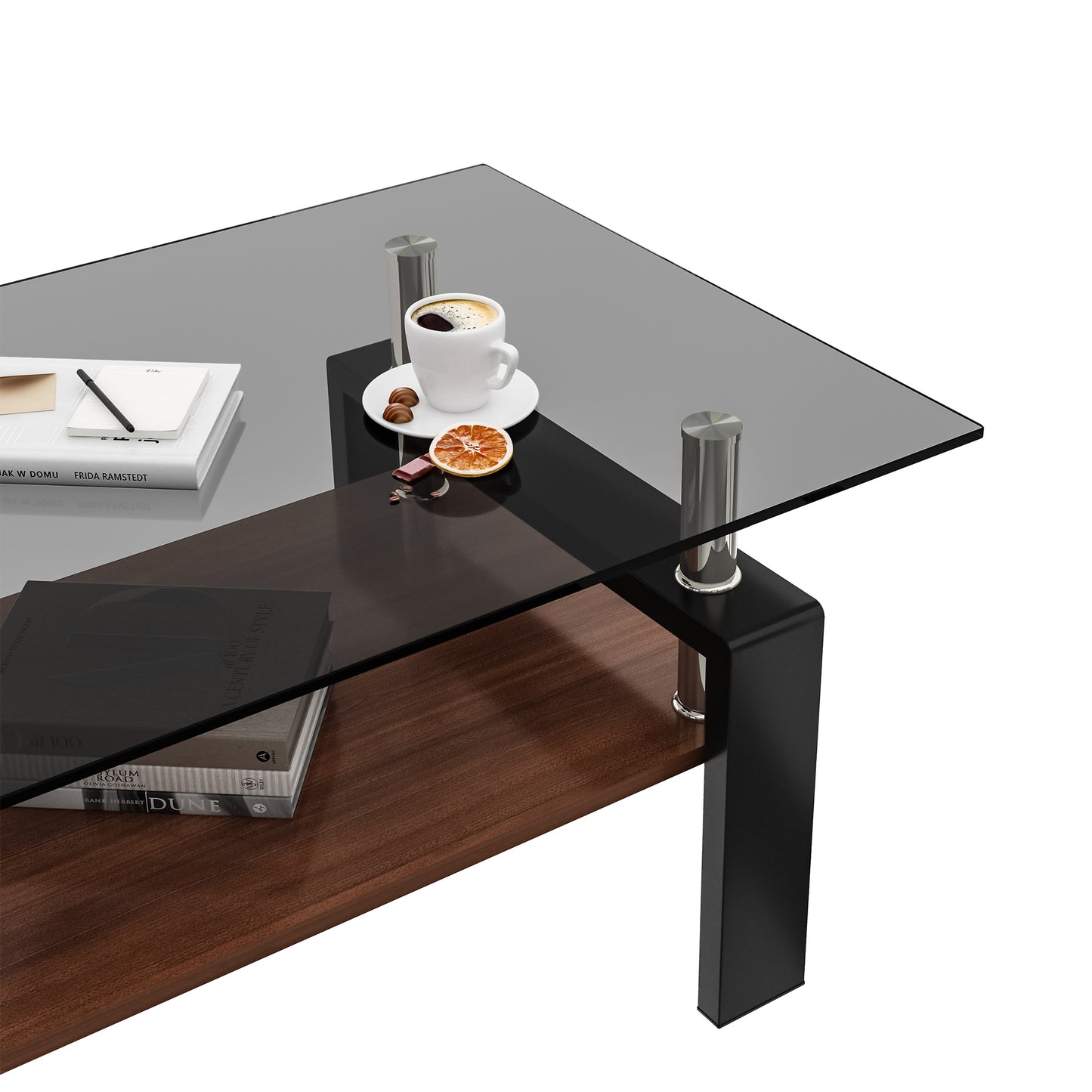 Modern black metal coffee table with smoked glass top featuring a lower walnut shelf