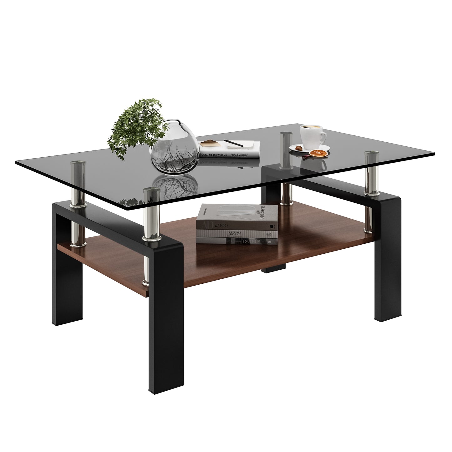 Modern coffee table with a black glass top wood shelf and metal accents
