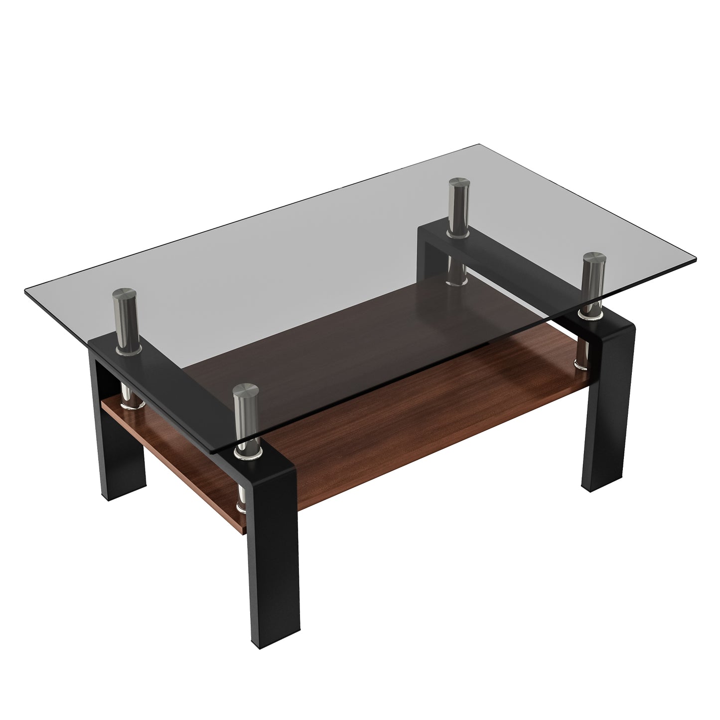Rectangular glass coffee table with a dark wood shelf and black metal frame