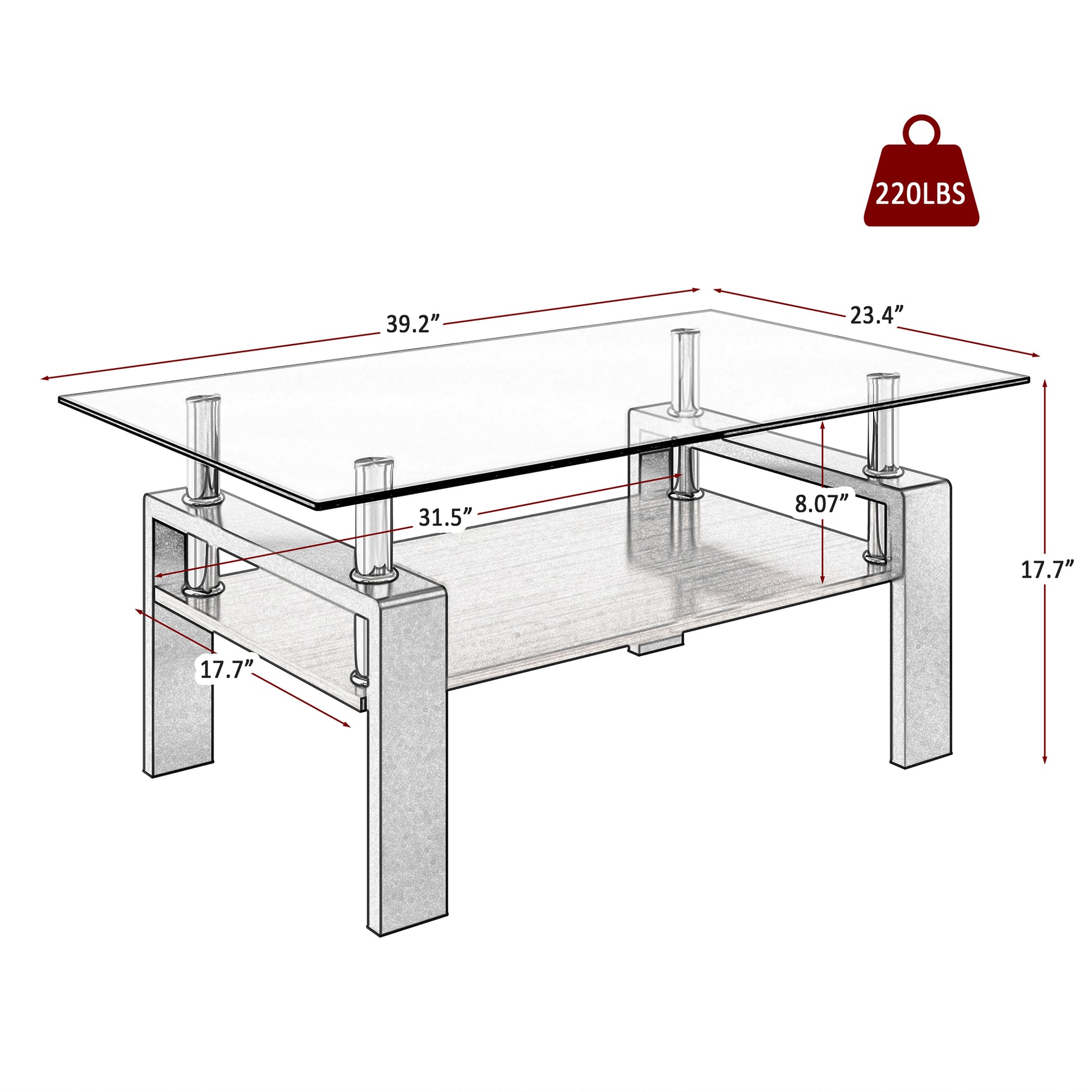 Modern glass coffee table with chrome legs and wood shelf Holds  lbs