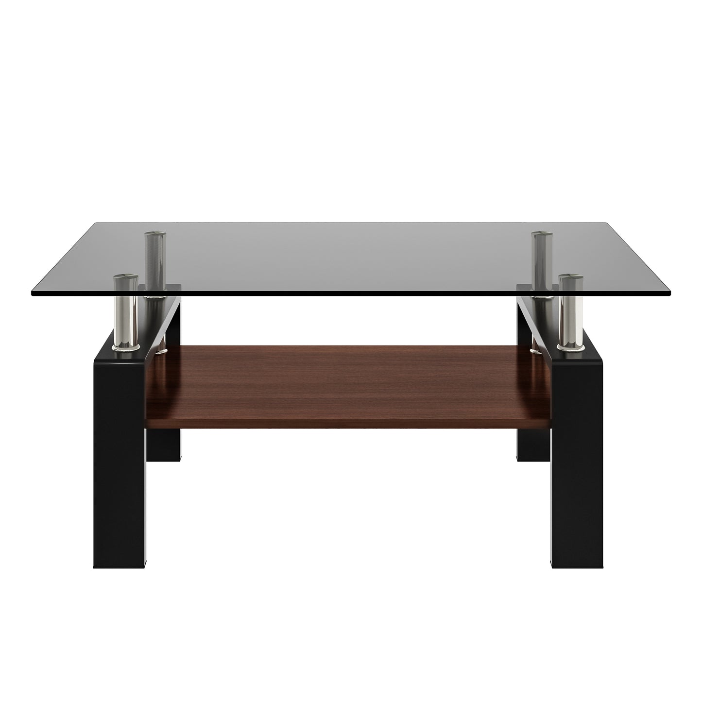 Modern glass coffee table with a dark wood shelf and chrome accents