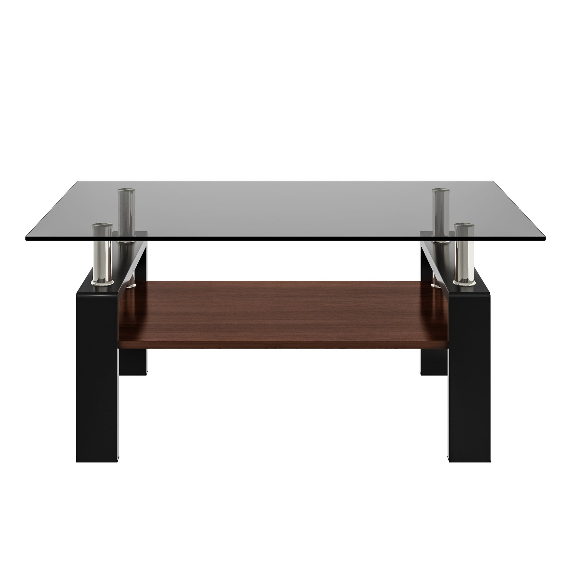 Modern glass coffee table with a dark wood shelf and chrome accents