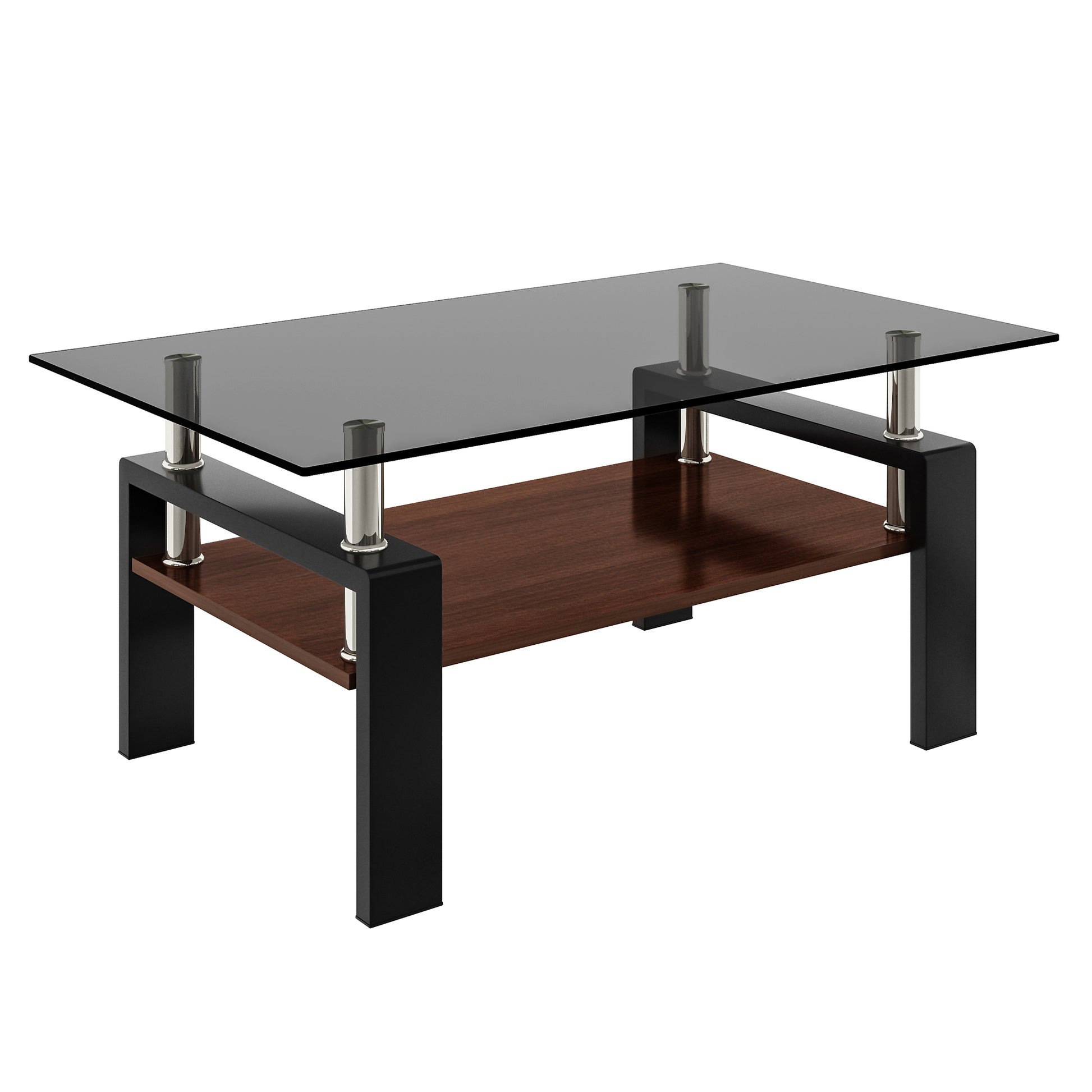 Rectangular glass coffee table with dark wood shelf and black metal frame