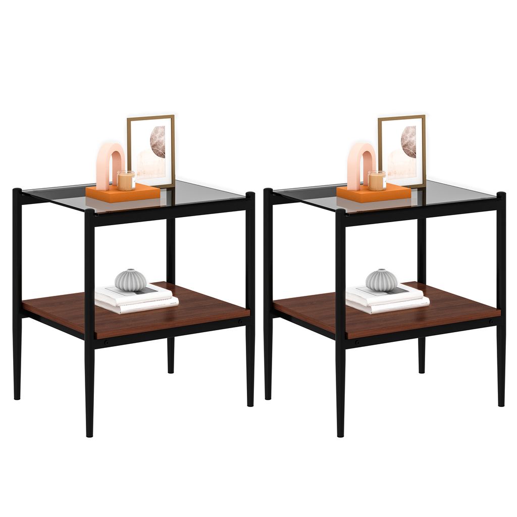 Set of two modern black metal end tables with wood shelves and glass tops