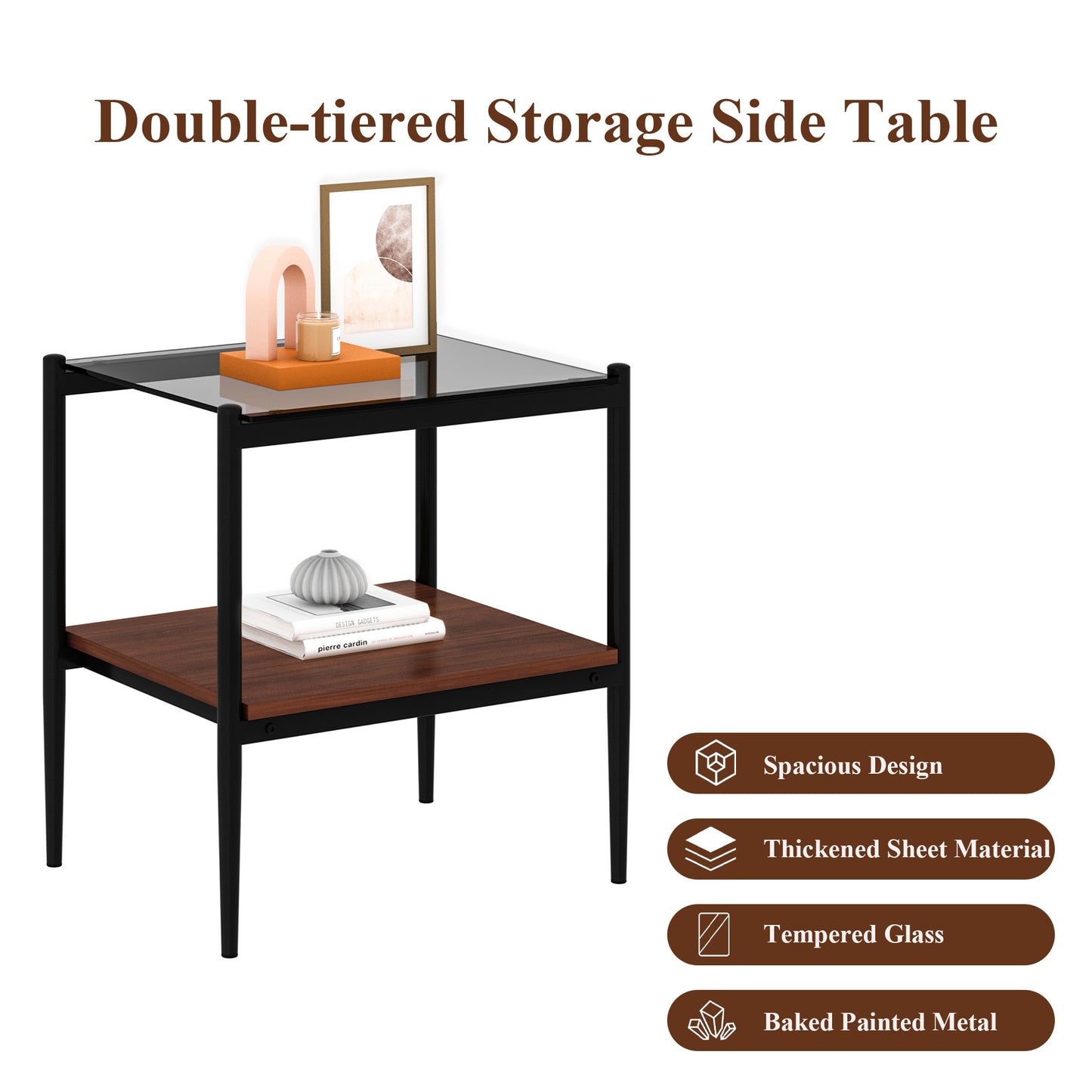 Doubletiered side table with black metal frame wood shelf and glass top