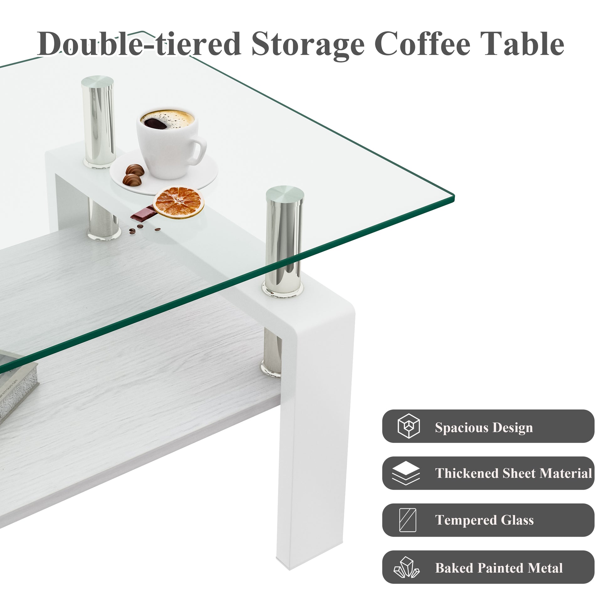 Modern white coffee table with clear tempered glass top and a woodlook shelf