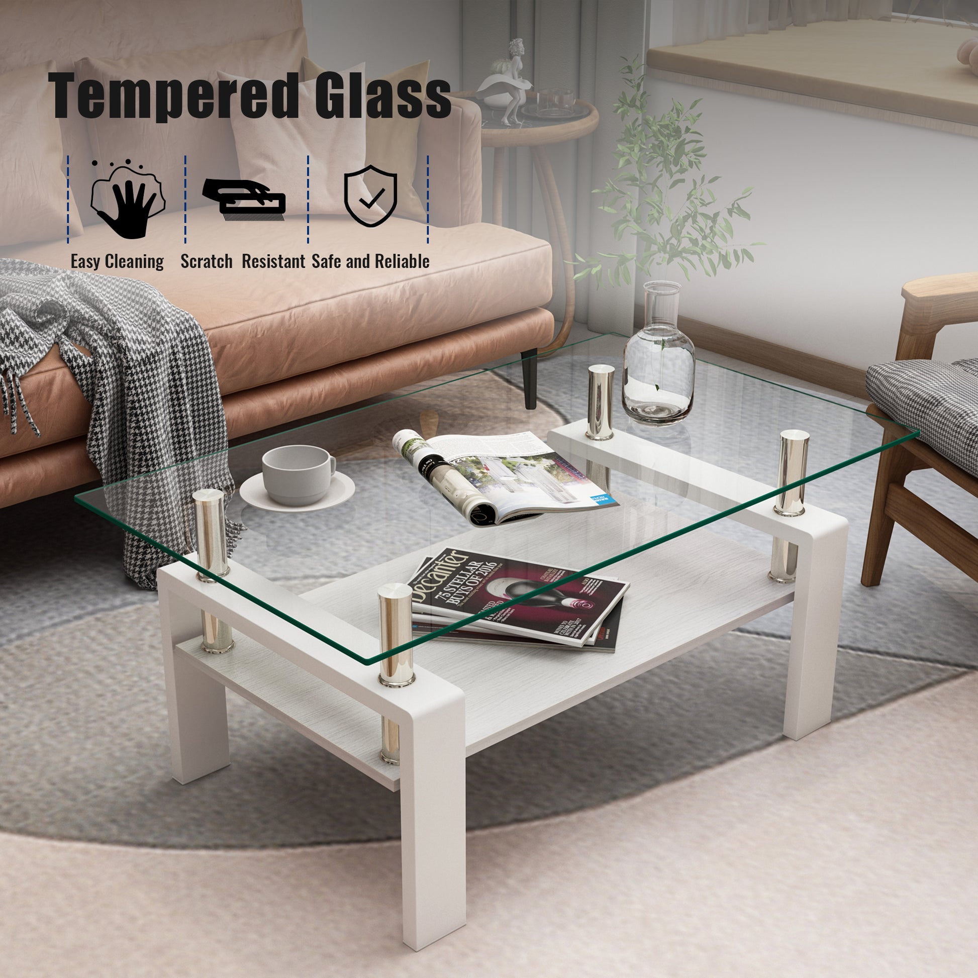 Modern white and wood coffee table with a tempered glass top showcasing magazines