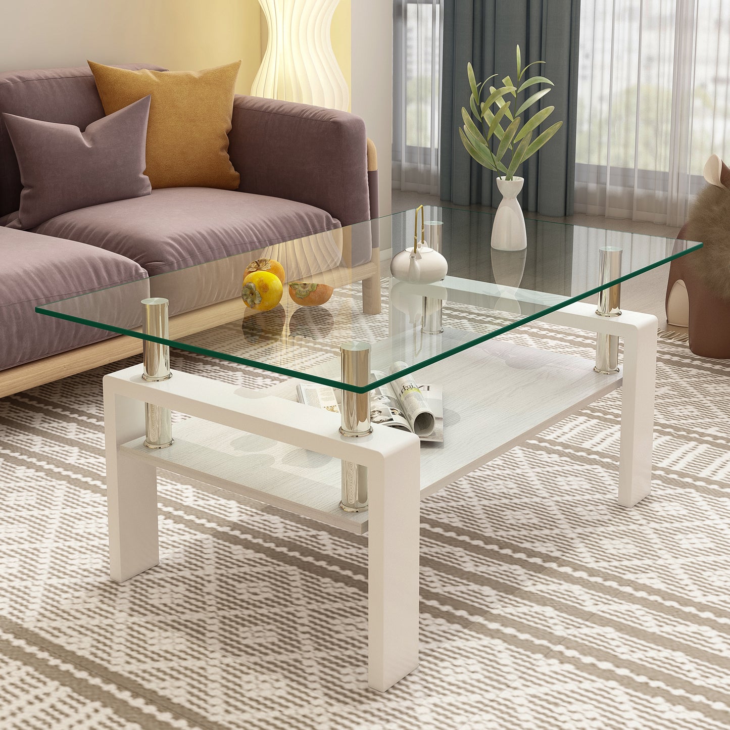 Modern white coffee table with glass top and wood grain shelf
