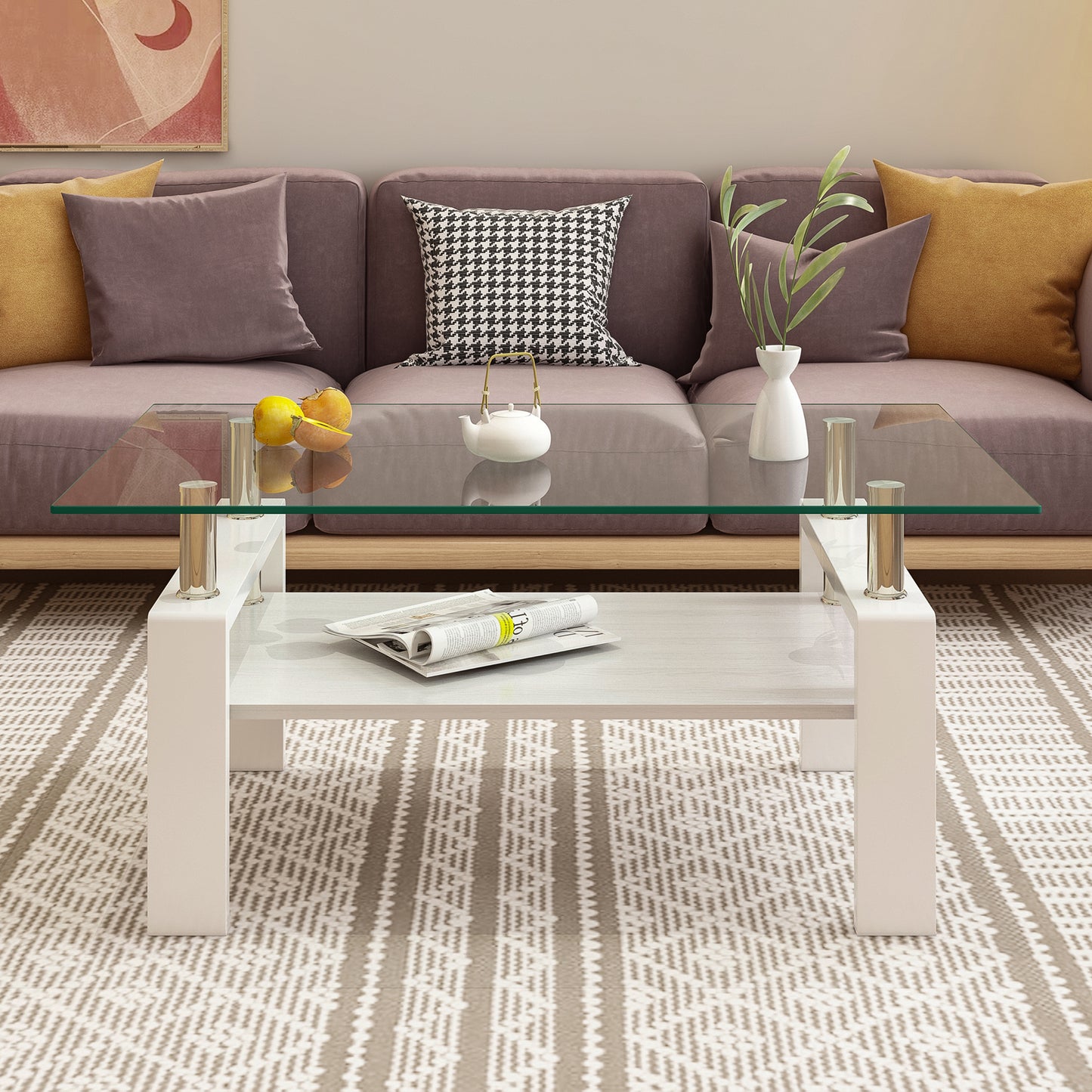 Modern white coffee table with glass top and two shelves perfect for living rooms