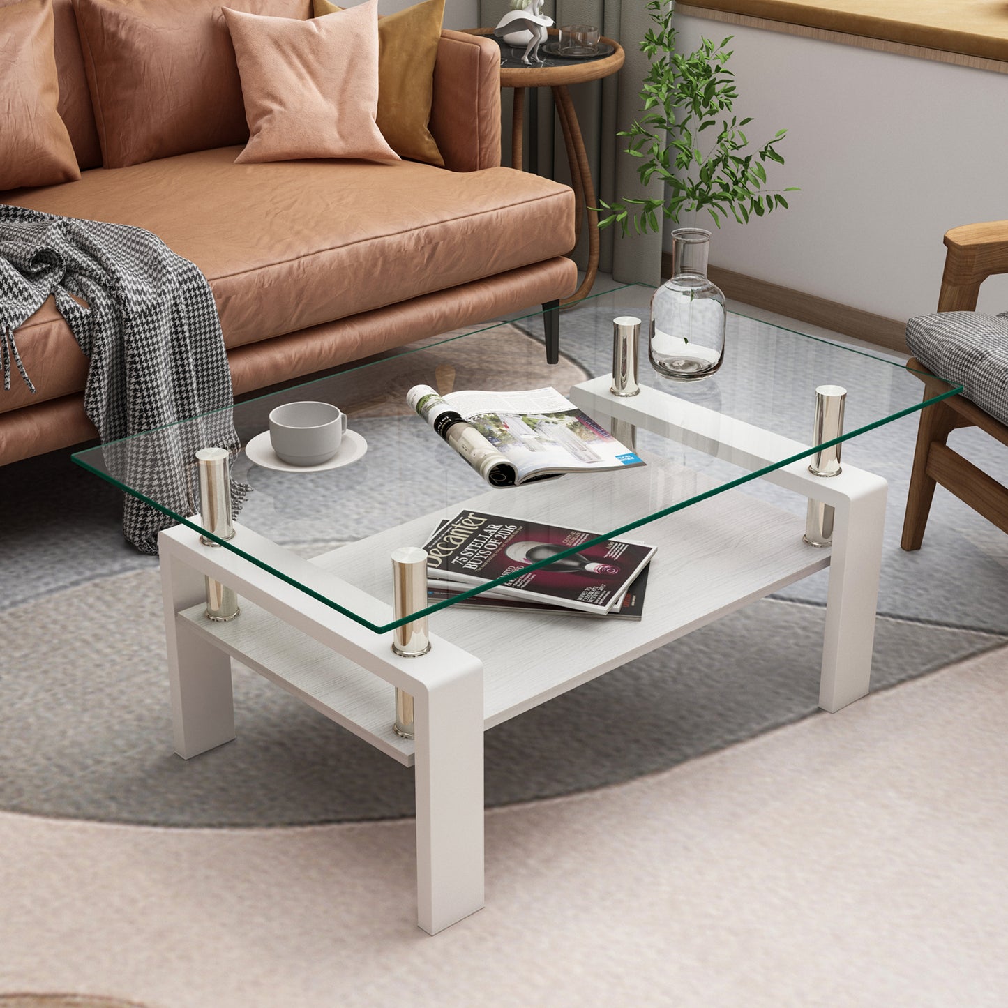 Modern white coffee table with glass top perfect for living rooms