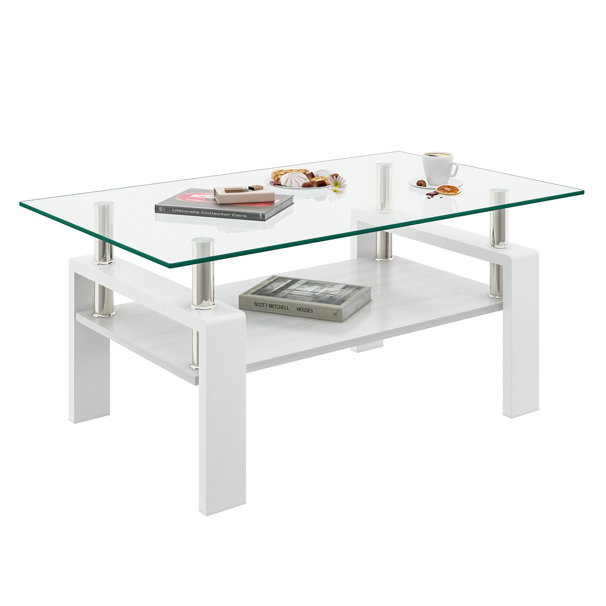 Modern white and chrome coffee table with glass top and lower shelf