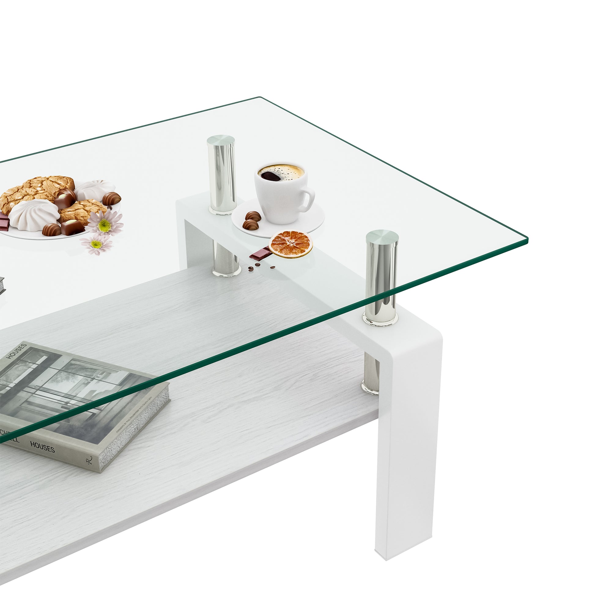 Modern glass coffee table with white wood grain shelf and chrome accents