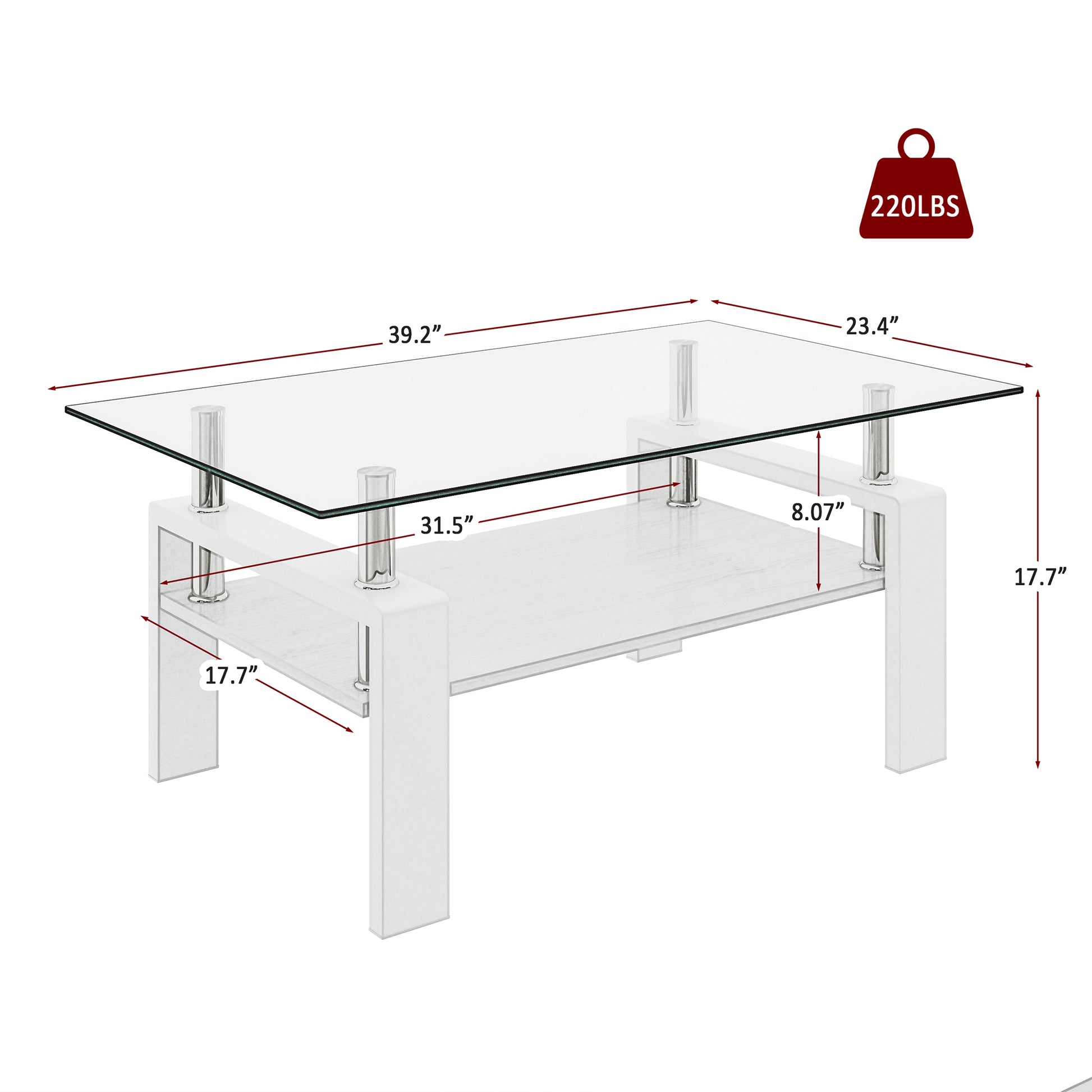 Modern white coffee table with glass top and two shelves  L