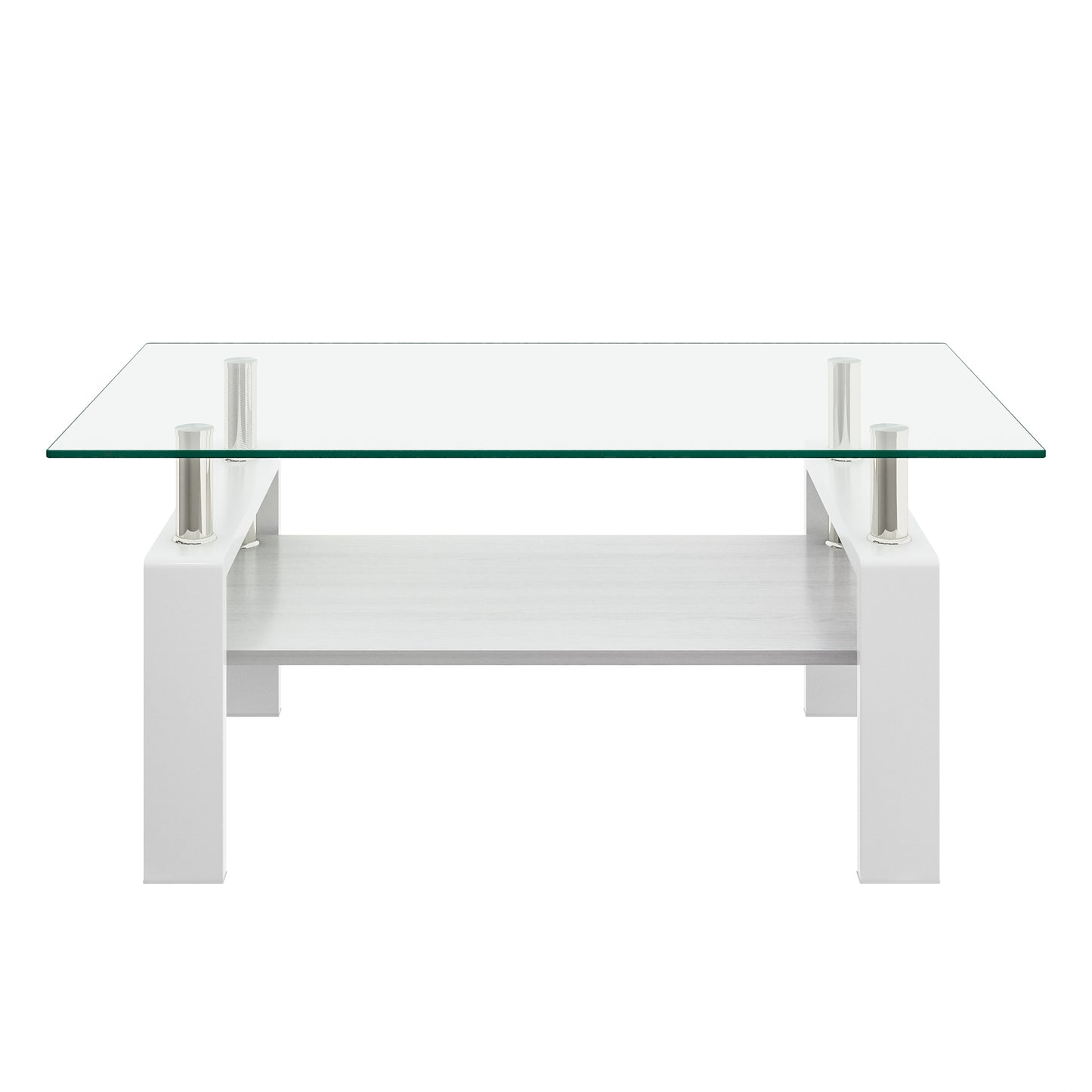 Modern white coffee table with glass top and twotier shelving