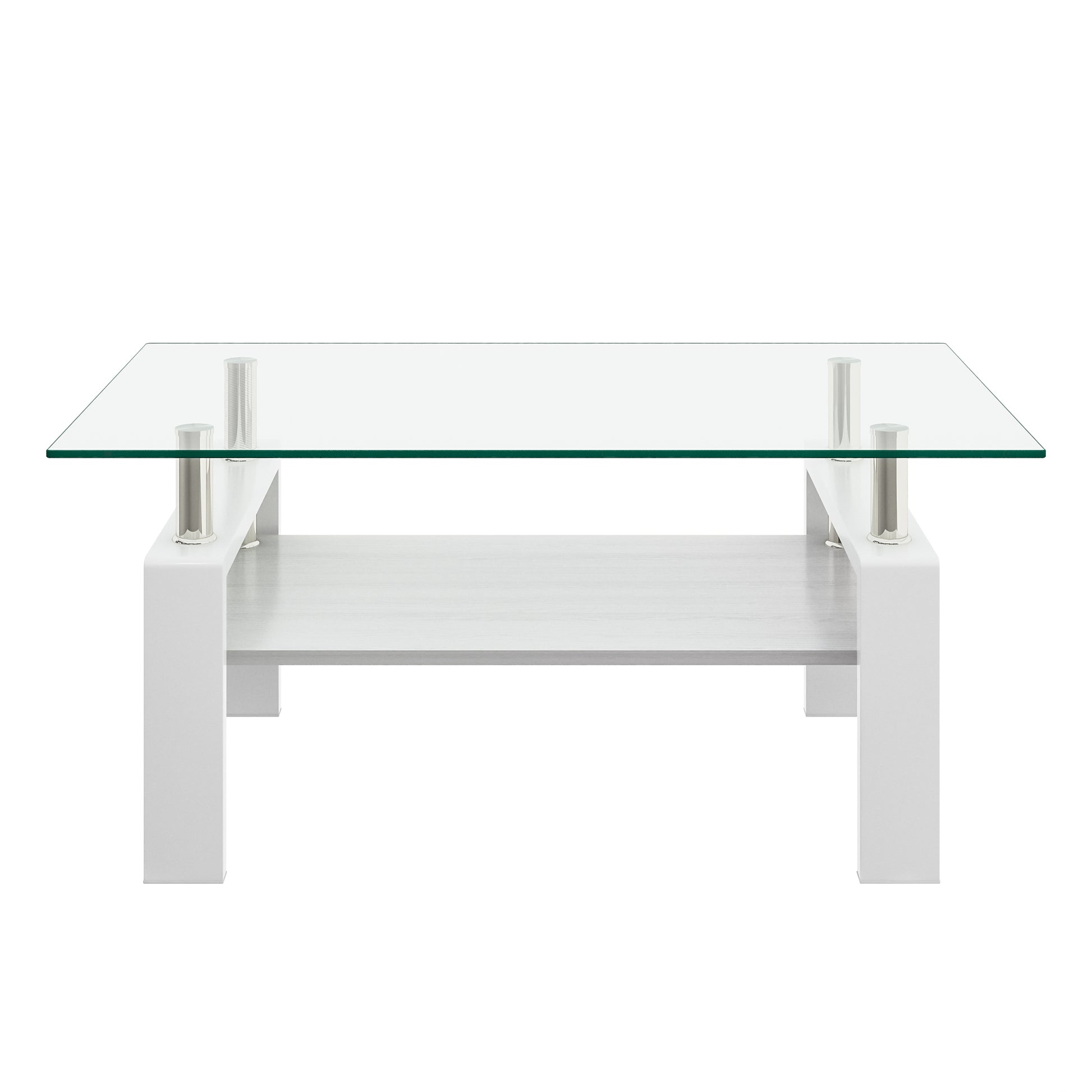 Modern white coffee table with glass top and twotier shelving