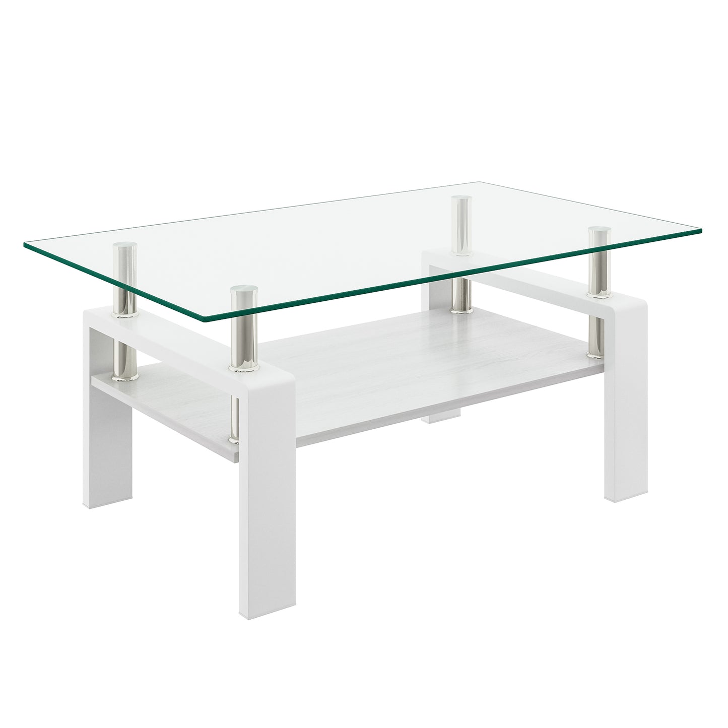 Modern white coffee table with tempered glass top and lower shelf