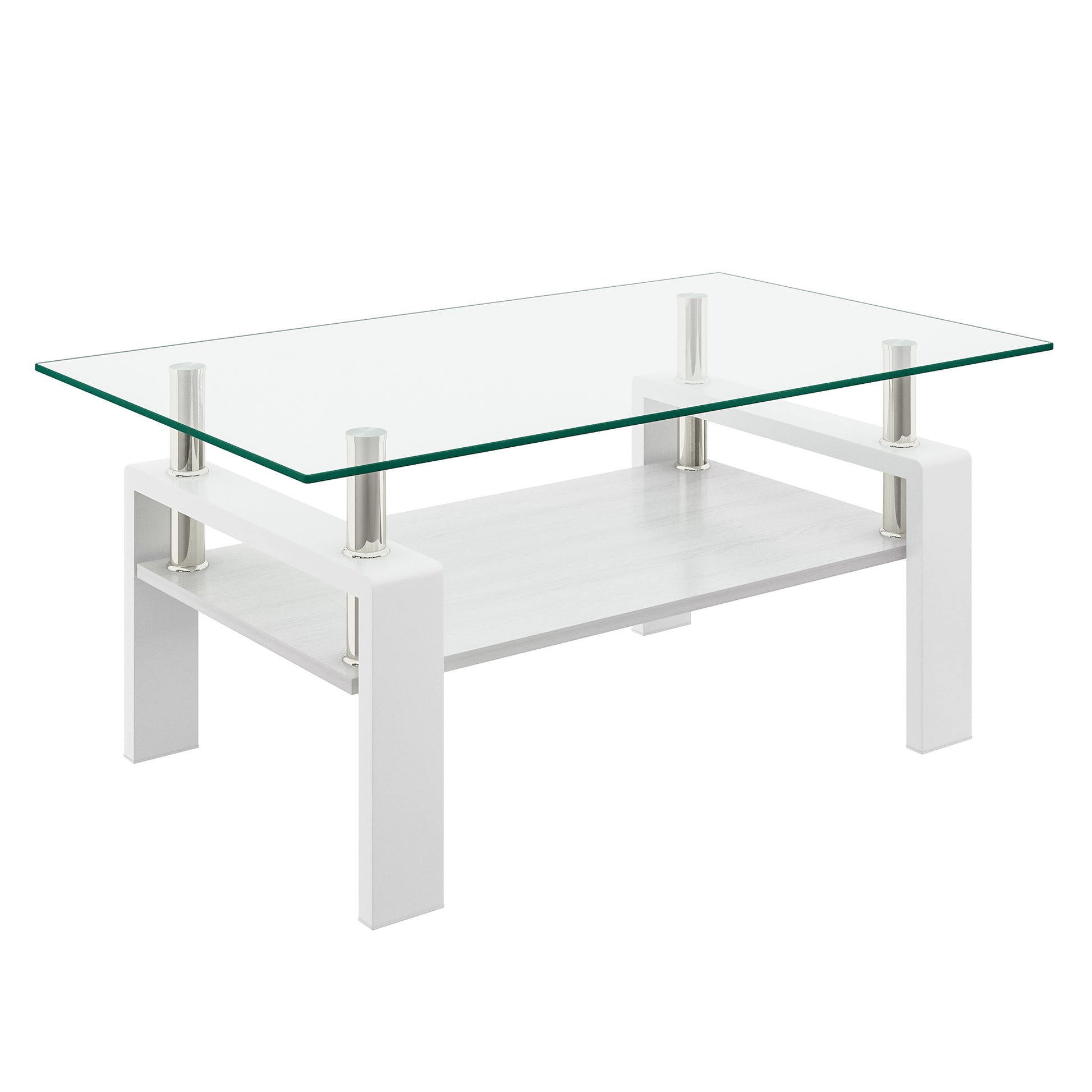 Modern white coffee table with tempered glass top and lower shelf
