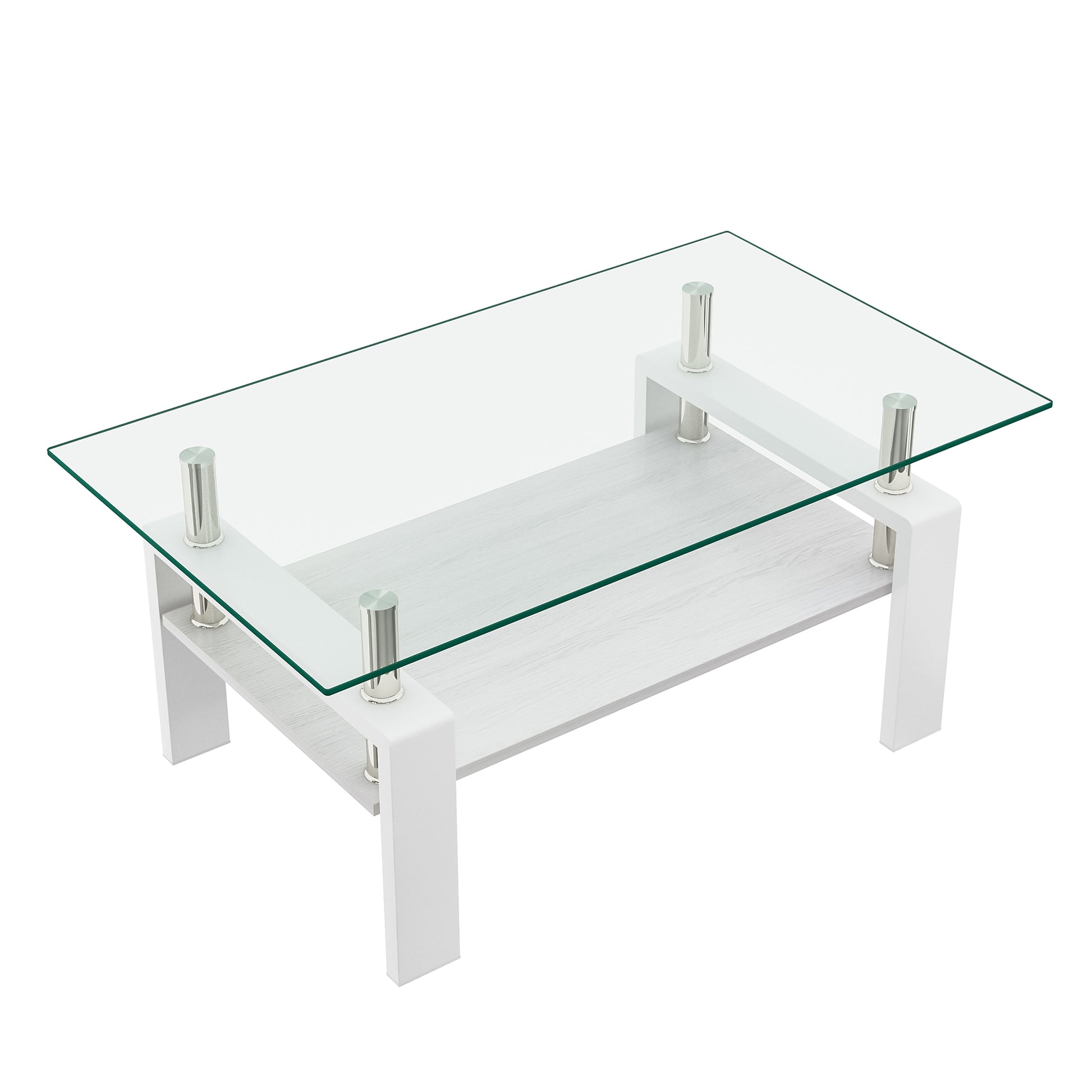 Modern glass coffee table with white frame and two tiers for living room decor
