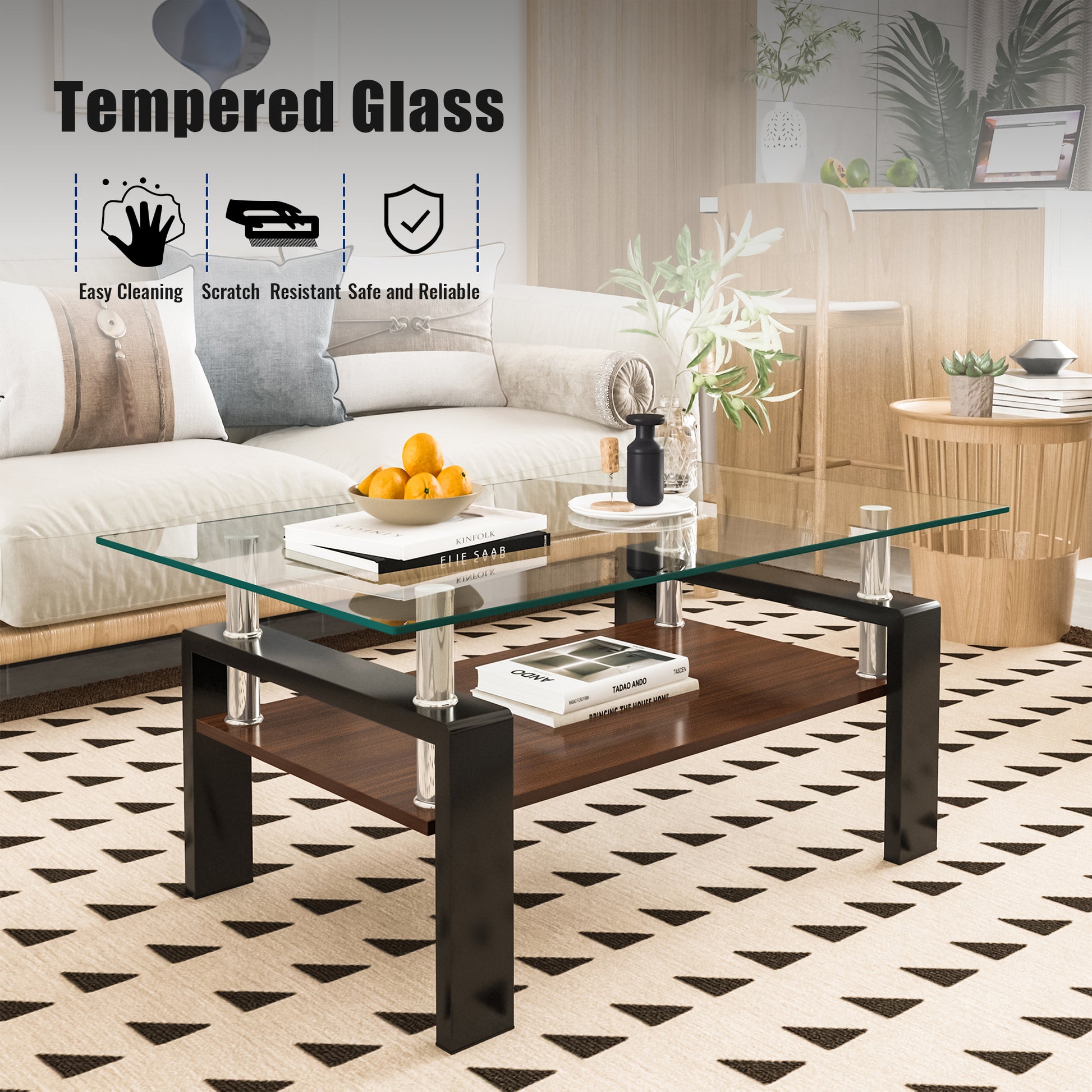 Modern rectangular coffee table with a clear tempered glass top and dark wood shelf