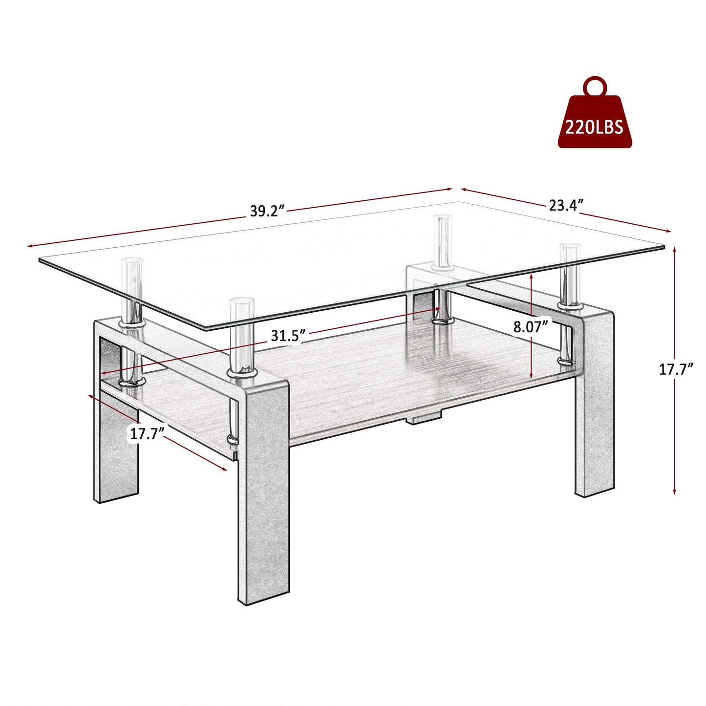 Diagram of a modern glass coffee table with silver metal legs featuring dimensions and weight capacity LBS