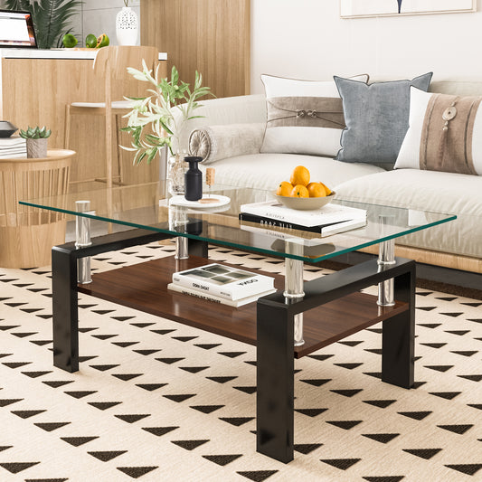 Modern glass coffee table with dark wood shelf and chrome legs ideal for living rooms
