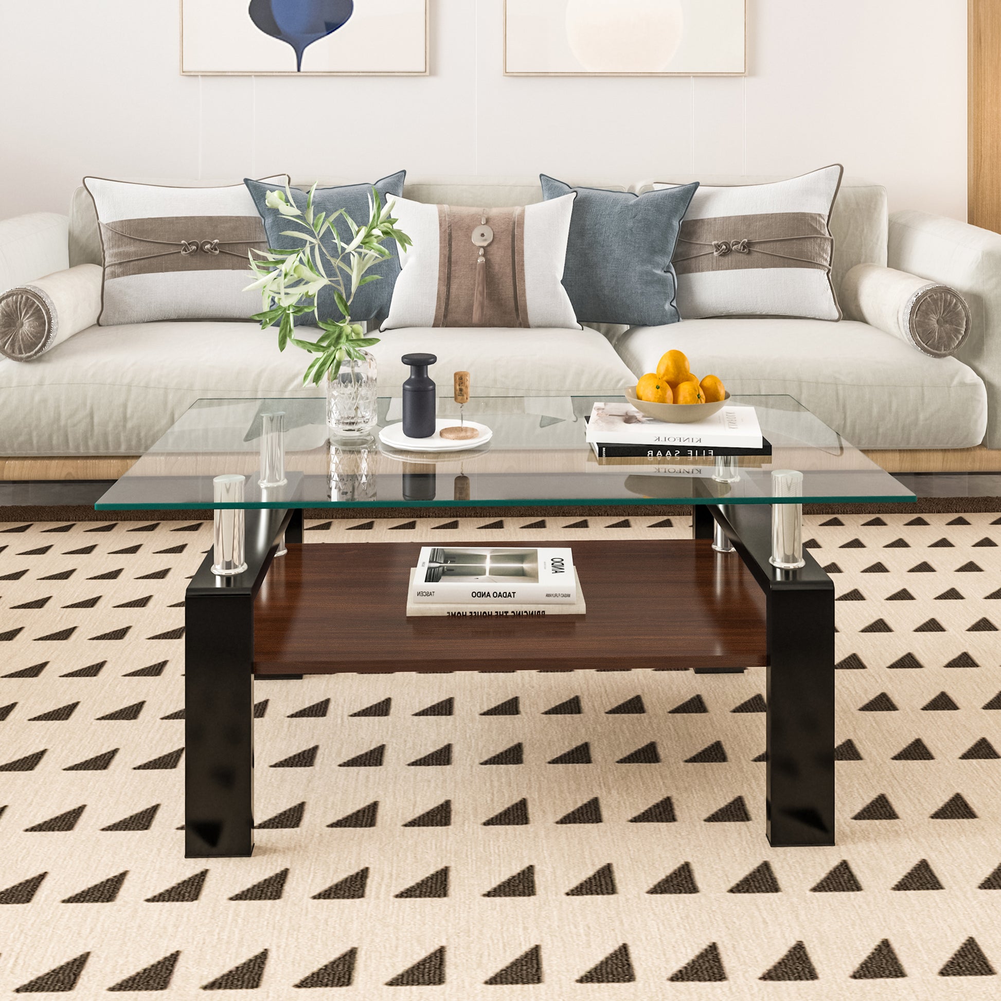 Modern glass coffee table with dark wood shelf and chrome accents