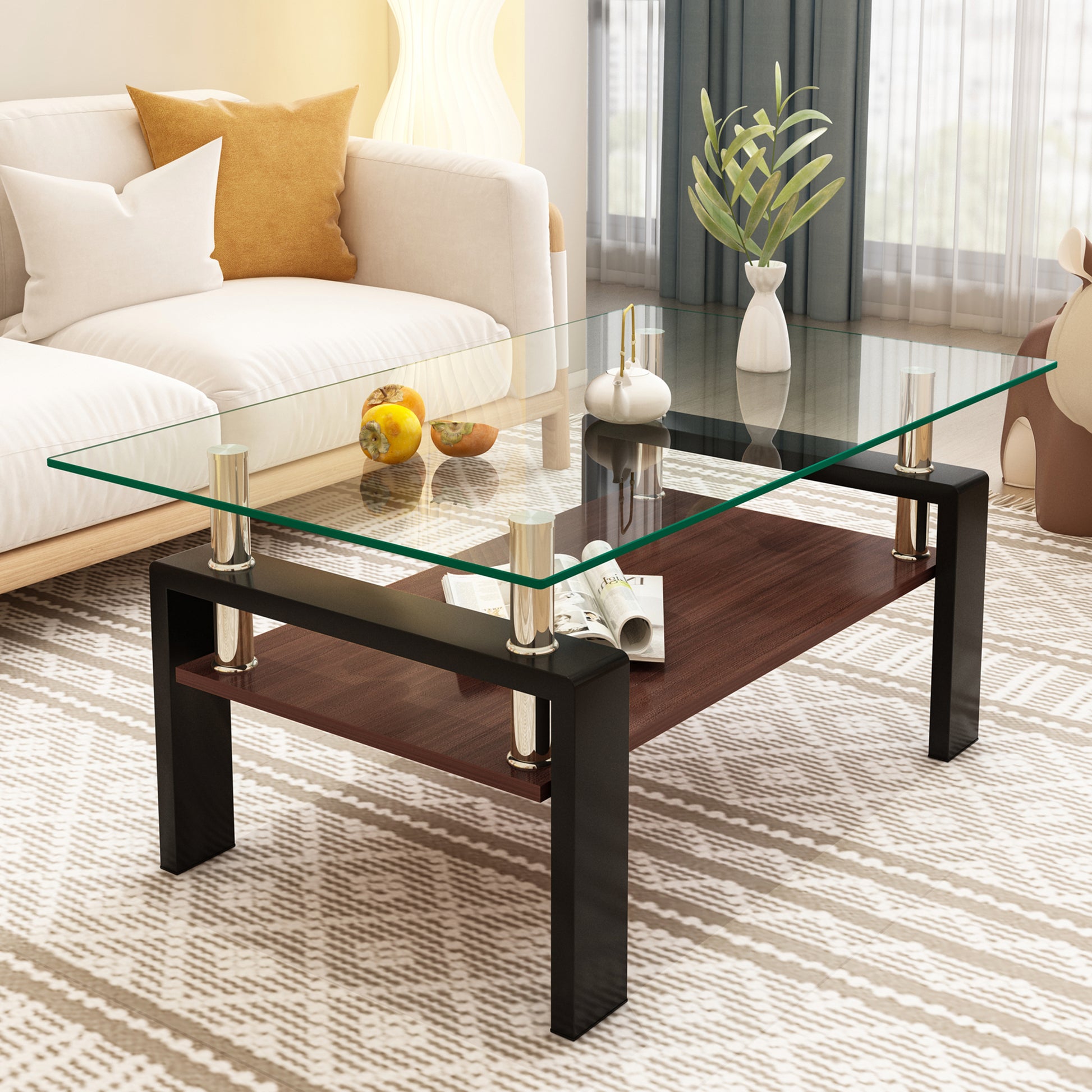 Modern square coffee table with clear glass top and dark wood shelf