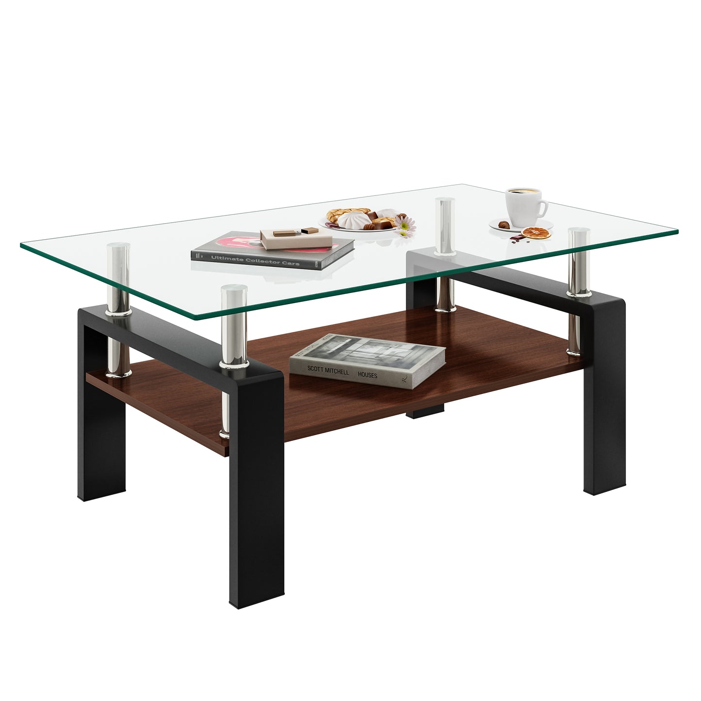 Modern glass top coffee table with dark wood shelf and chrome accents